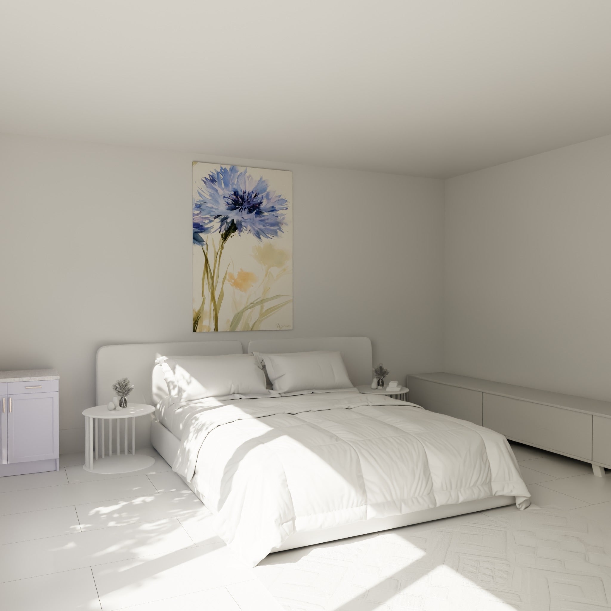 Fleur de bleuet bleu pastel et ivoire, geste aquarelle vif, au-dessus d'un lit dans une chambre claire
