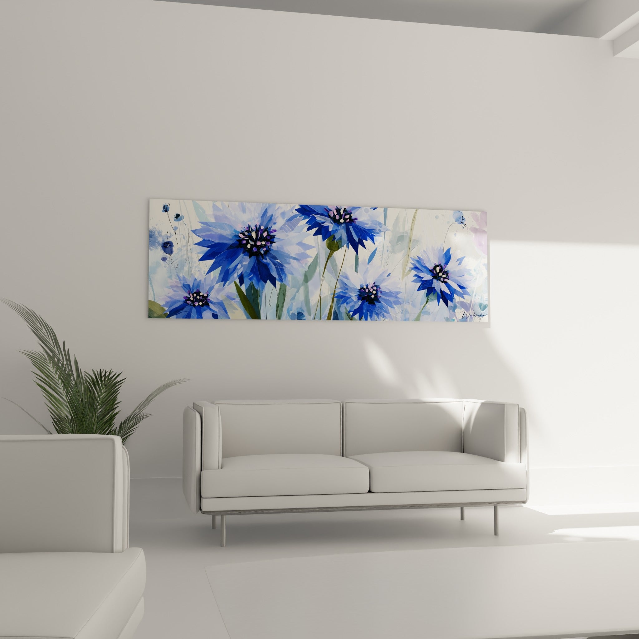 Corolles de bleuet bleu marine et violet pâle, au-dessus d'un canapé dans un salon lumineux