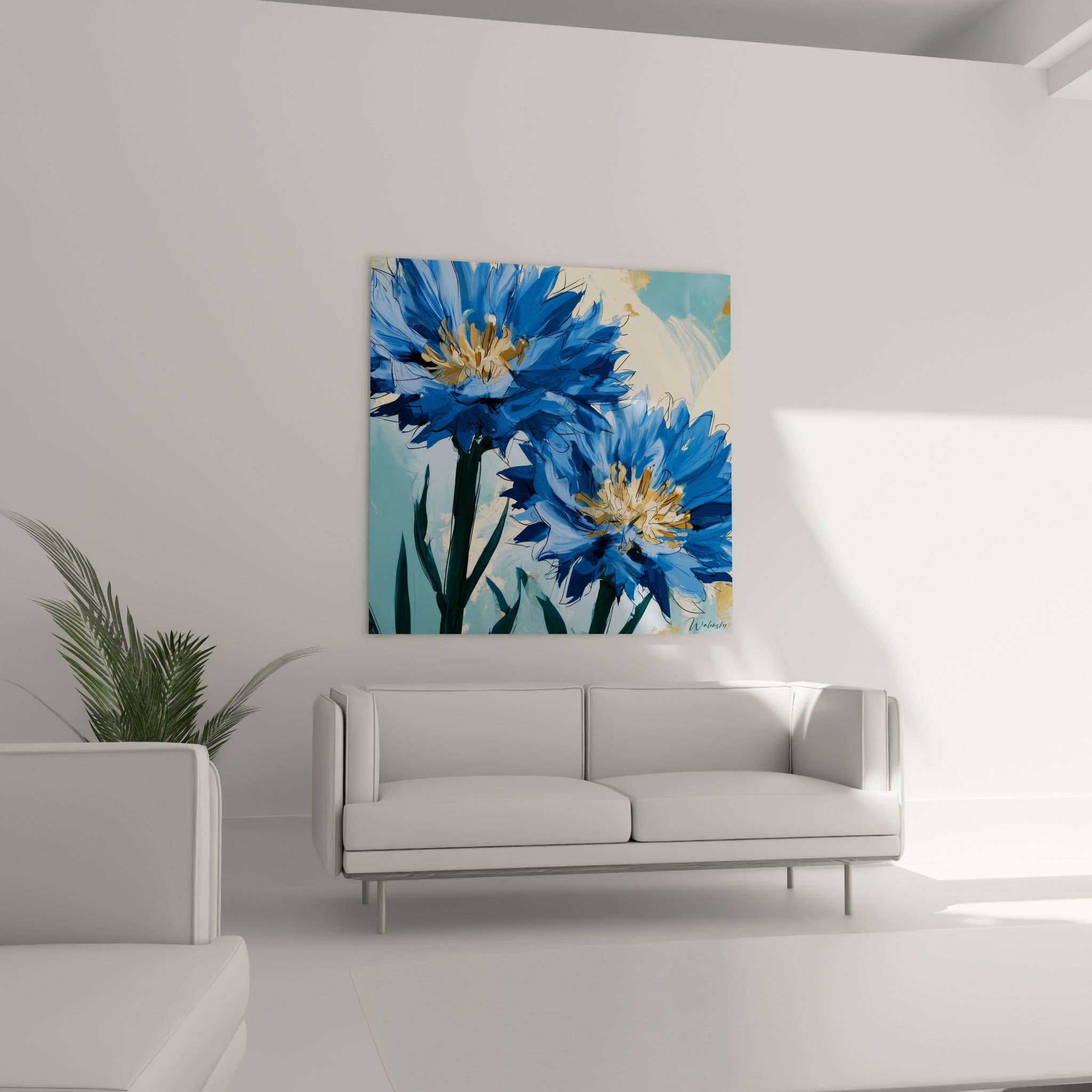 Pétales bleuet bleu pastel et cœurs ocre dorés, disposés au-dessus d'un canapé dans un salon lumineux