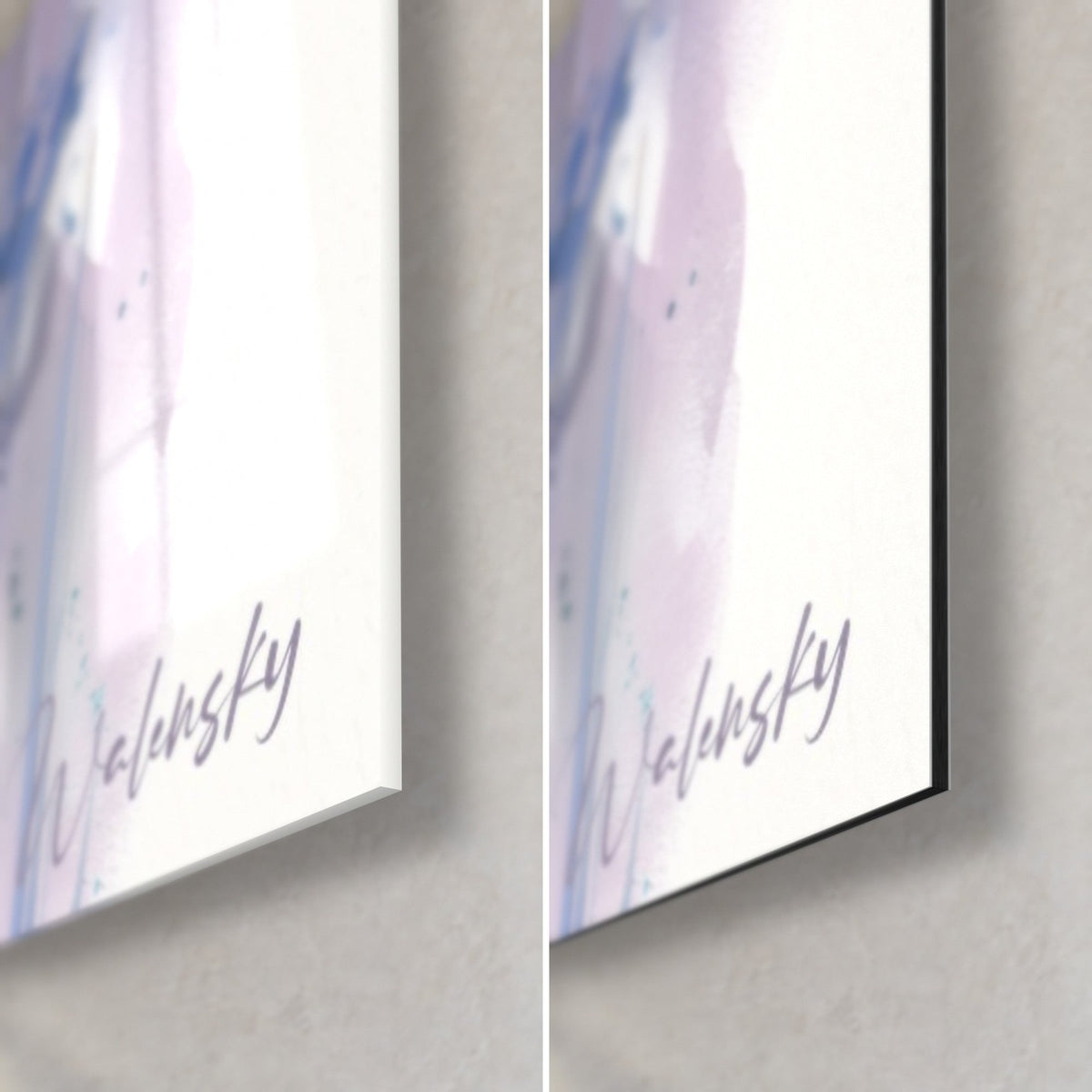 Schilderij korenbloemen op ivoorkleurige achtergrond, rechter onderhoek in lavendel en mauve, handtekening Walensky, glanzend glas en mat Dibond, rand van 3 mm