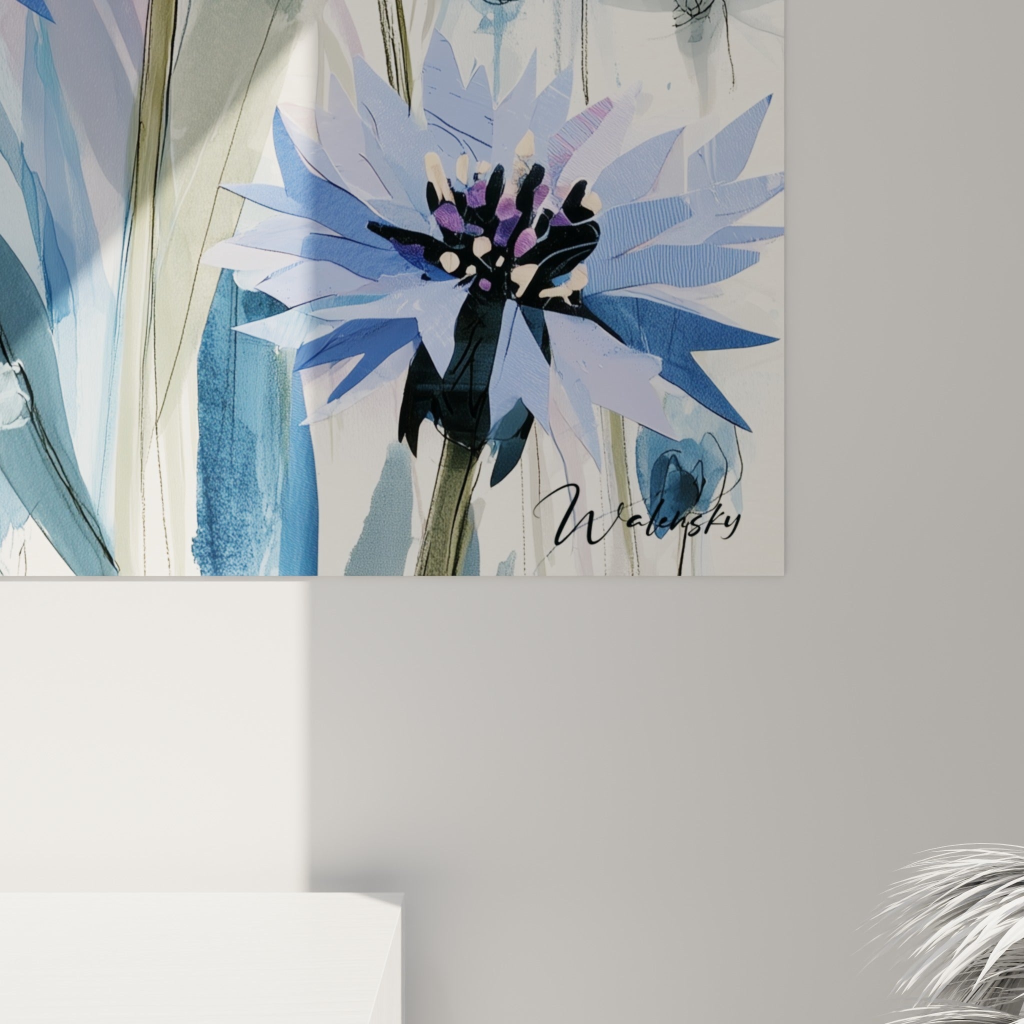 Détail des pétales de bleuet où le bleu marine et le lavande se mêlent en empâtements texturés
