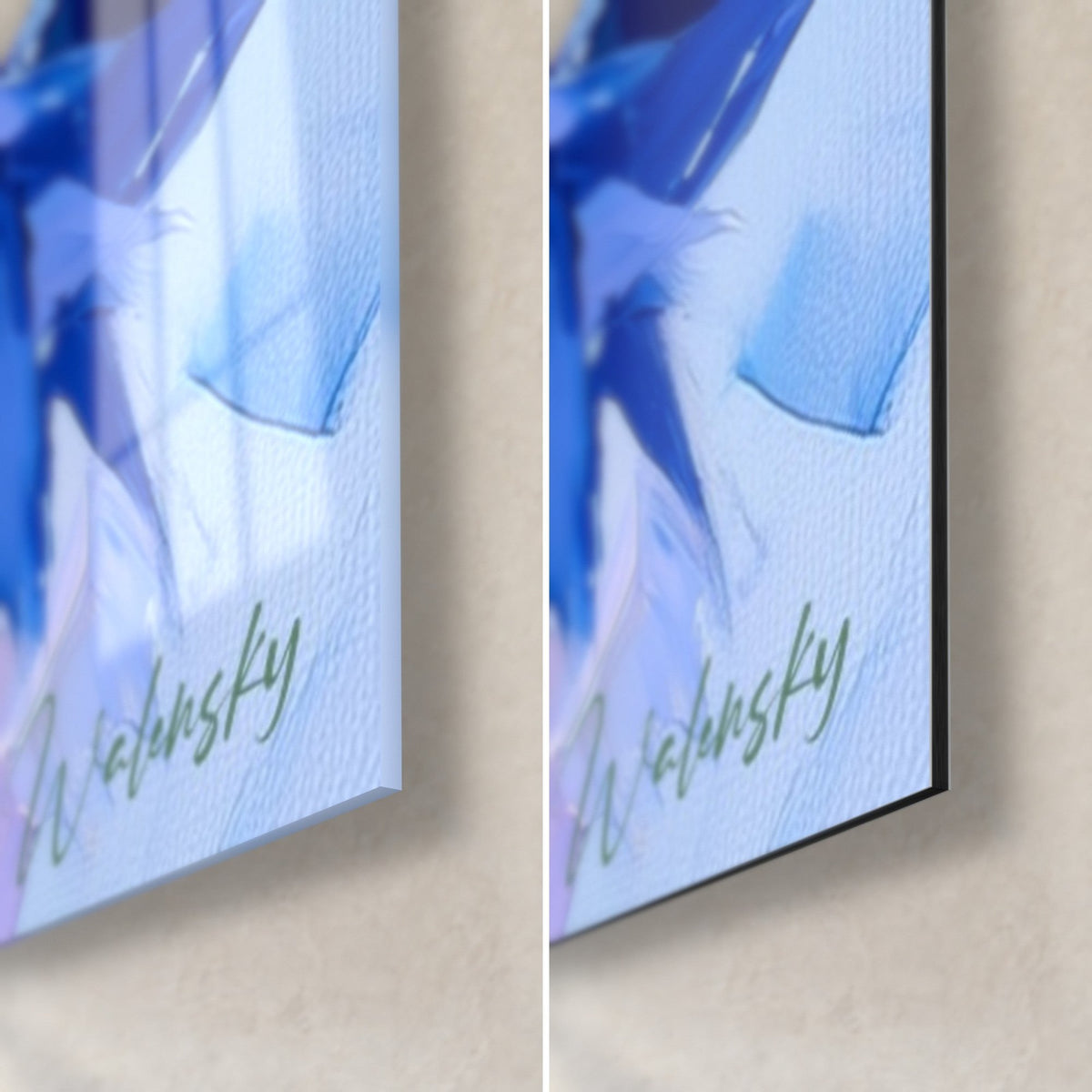 Schilderij korenbloemen, rechtsonder: glanzend acrylglas links, mat Dibond-aluminium rechts, vinca-blauw en crème, groene signatuur