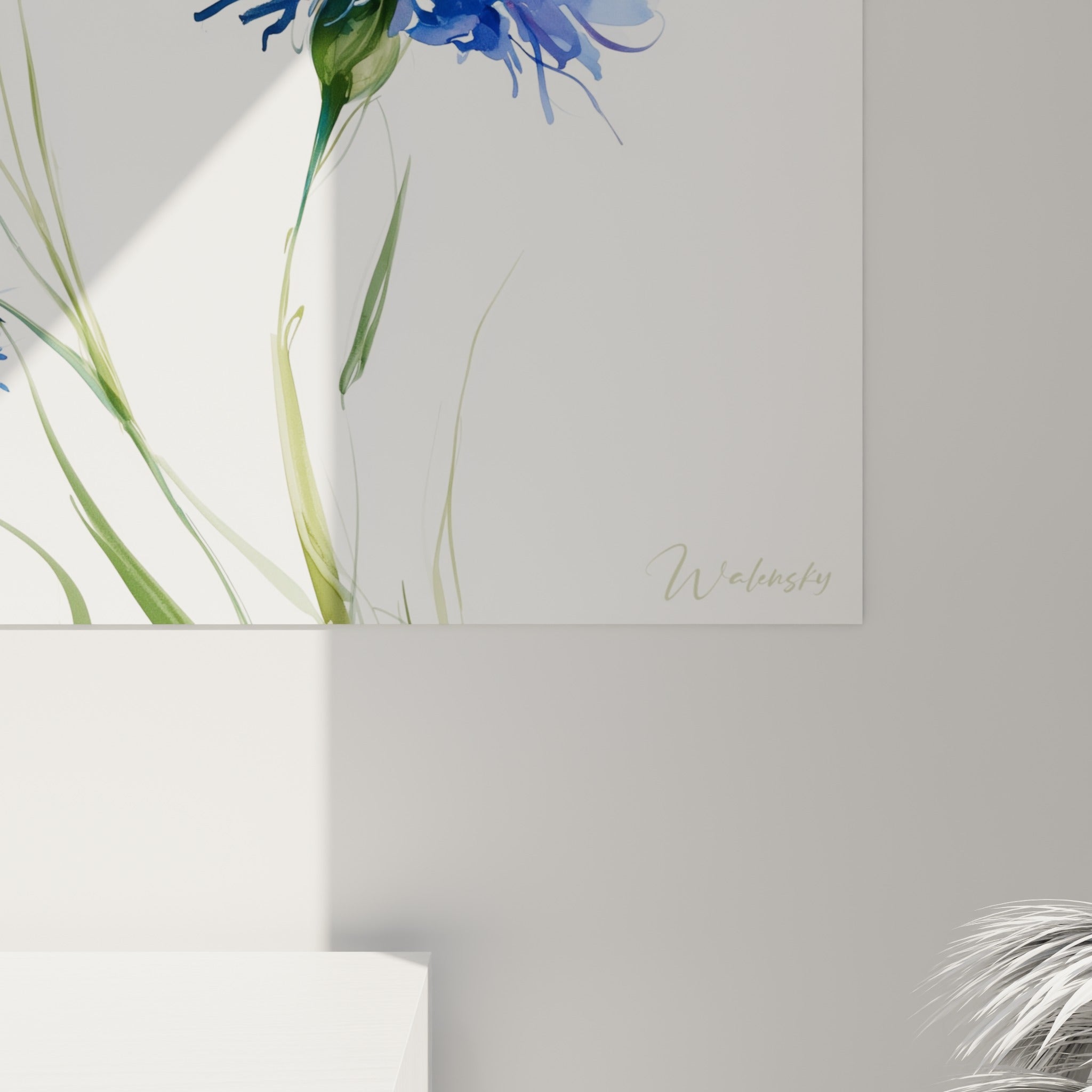 Empâtements bleus et coulures violettes des pétales de bleuet visibles de près sur la toile