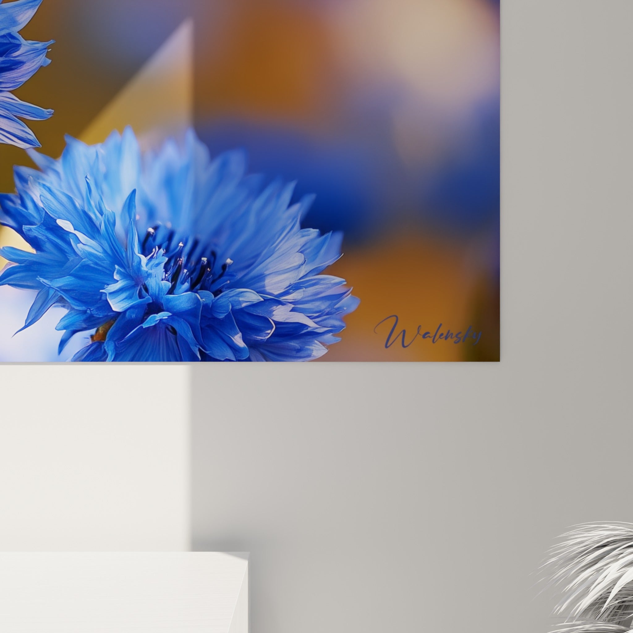 Pétales de bleuet bleu marine texturés et pollen noir visibles de près sur la toile imprimée