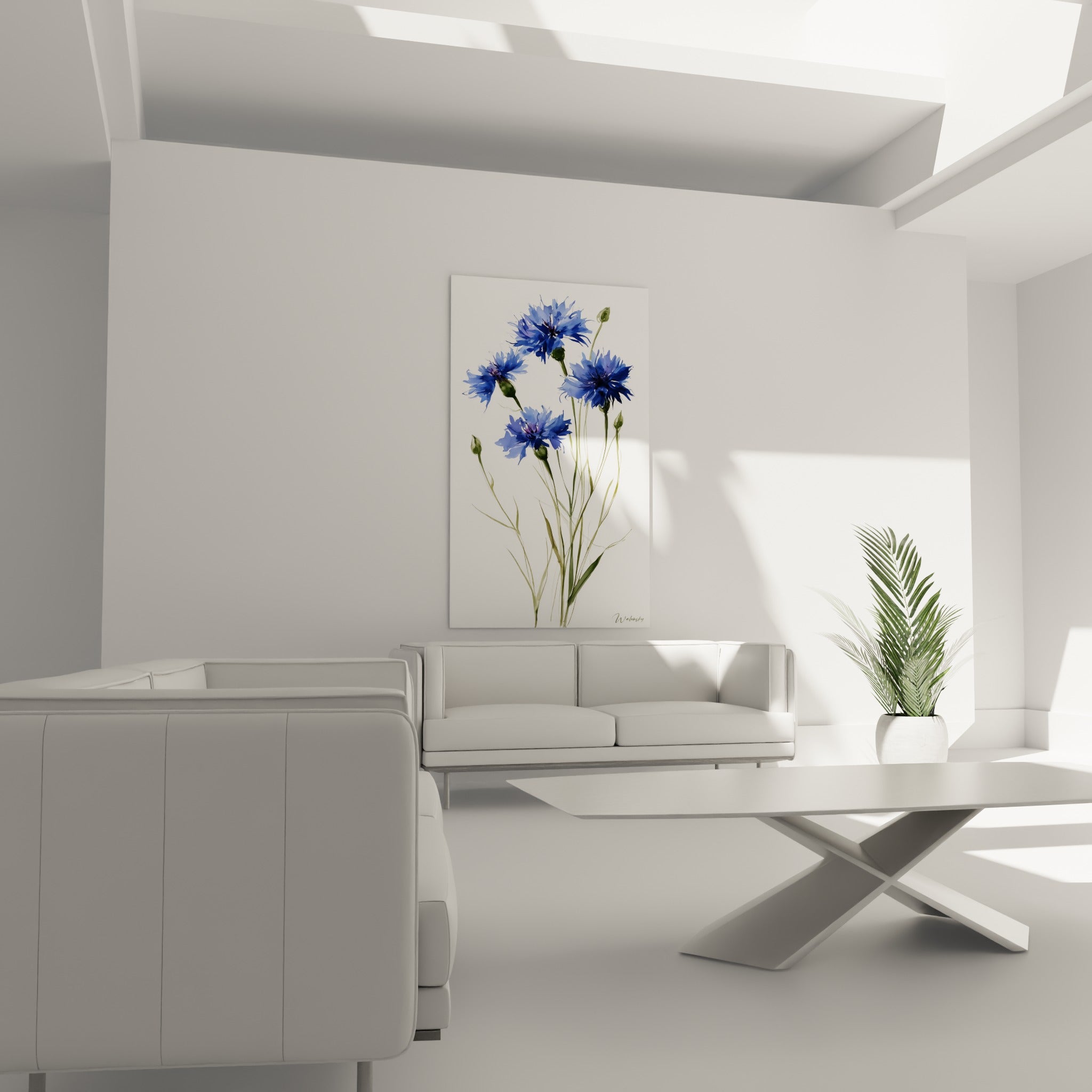 Fleurs de bleuet bleu lavande et vert tendre au-dessus d'un canapé dans un salon lumineux