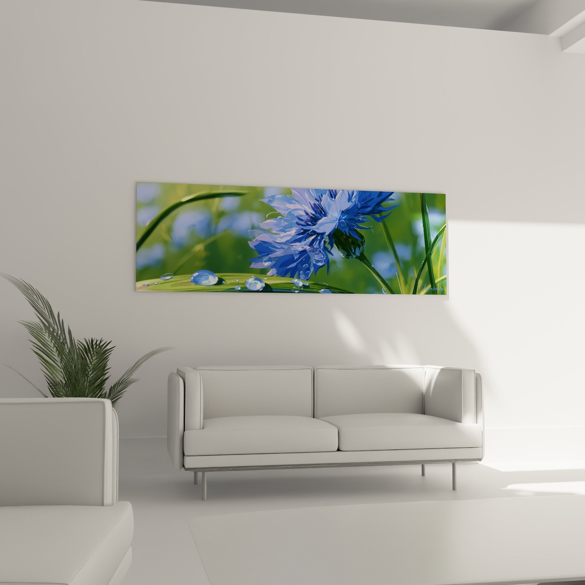 Pétales bleu marine du bleuet parmi l'herbe verte, au-dessus d'un canapé dans un salon lumineux
