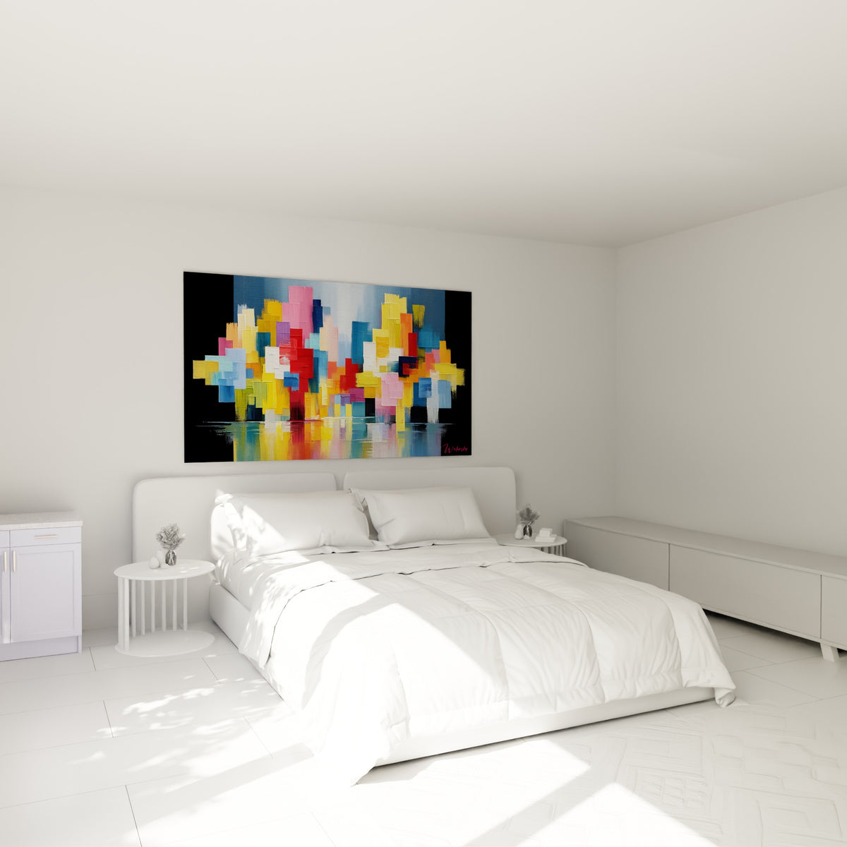 Blocs colorés jaune et rouge évoquant une ville, au-dessus d'un lit dans une chambre claire
