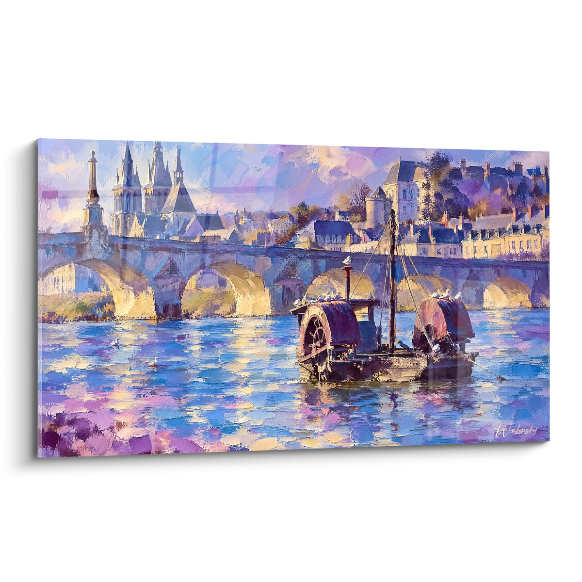 Tableau barque pourpre glissant sous un pont doré, reflets violets et bleus sur la Loire à Blois