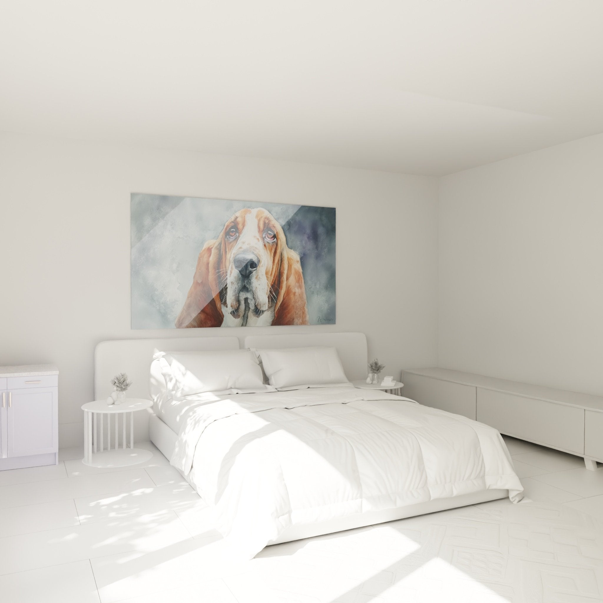 Bloodhound Gemälde in modernem Schlafzimmer mit warmen Farbtönen und gemütlicher Atmosphäre