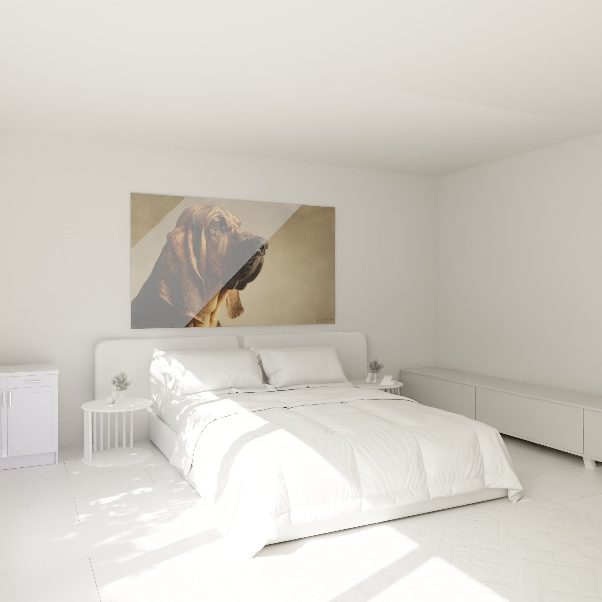 Tableau Bloodhound accroché dans une chambre moderne, portrait canin aux couleurs chaudes sur mur clair
