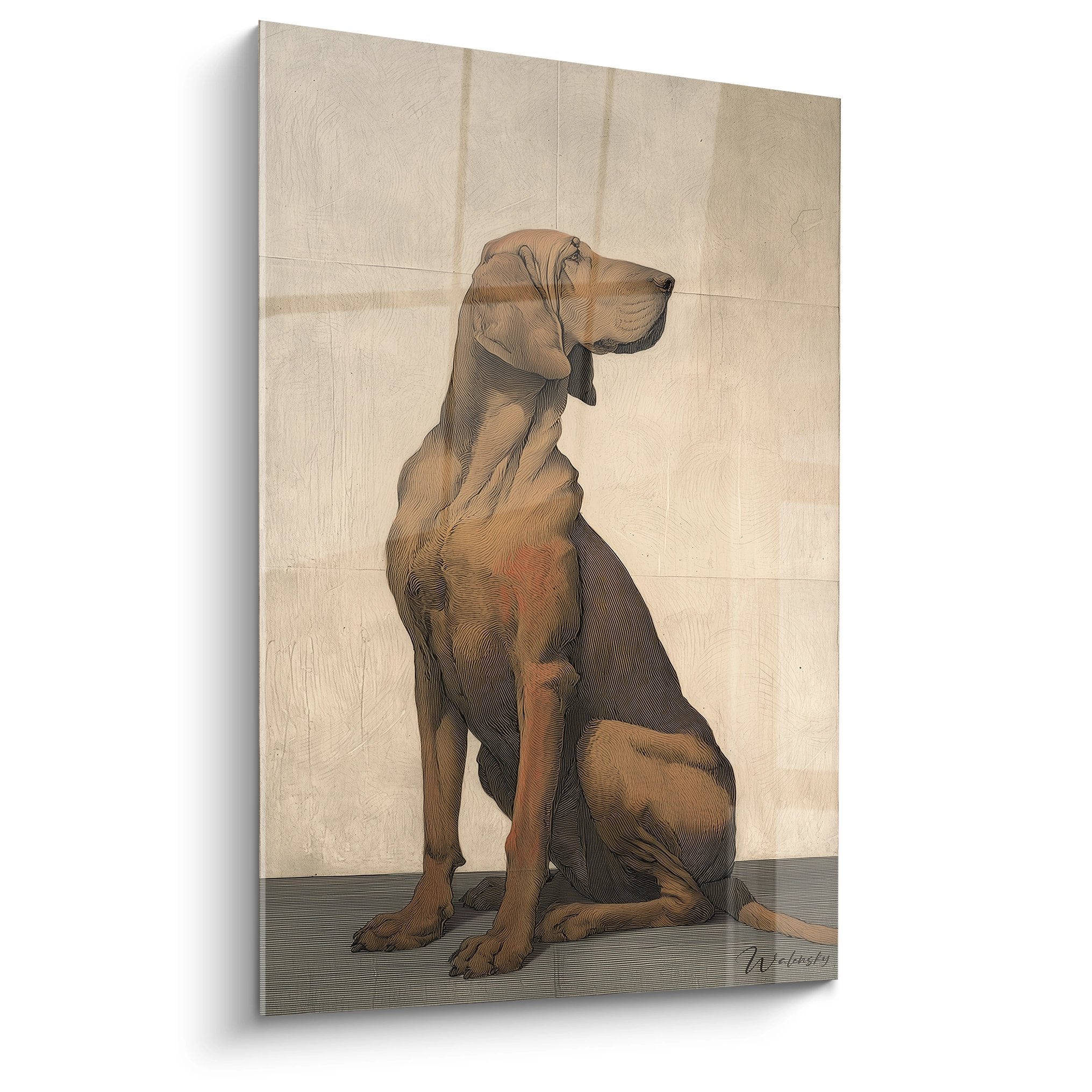 Tableau portrait Bloodhound assis profil noble pelage fauve fond beige art canin élégant