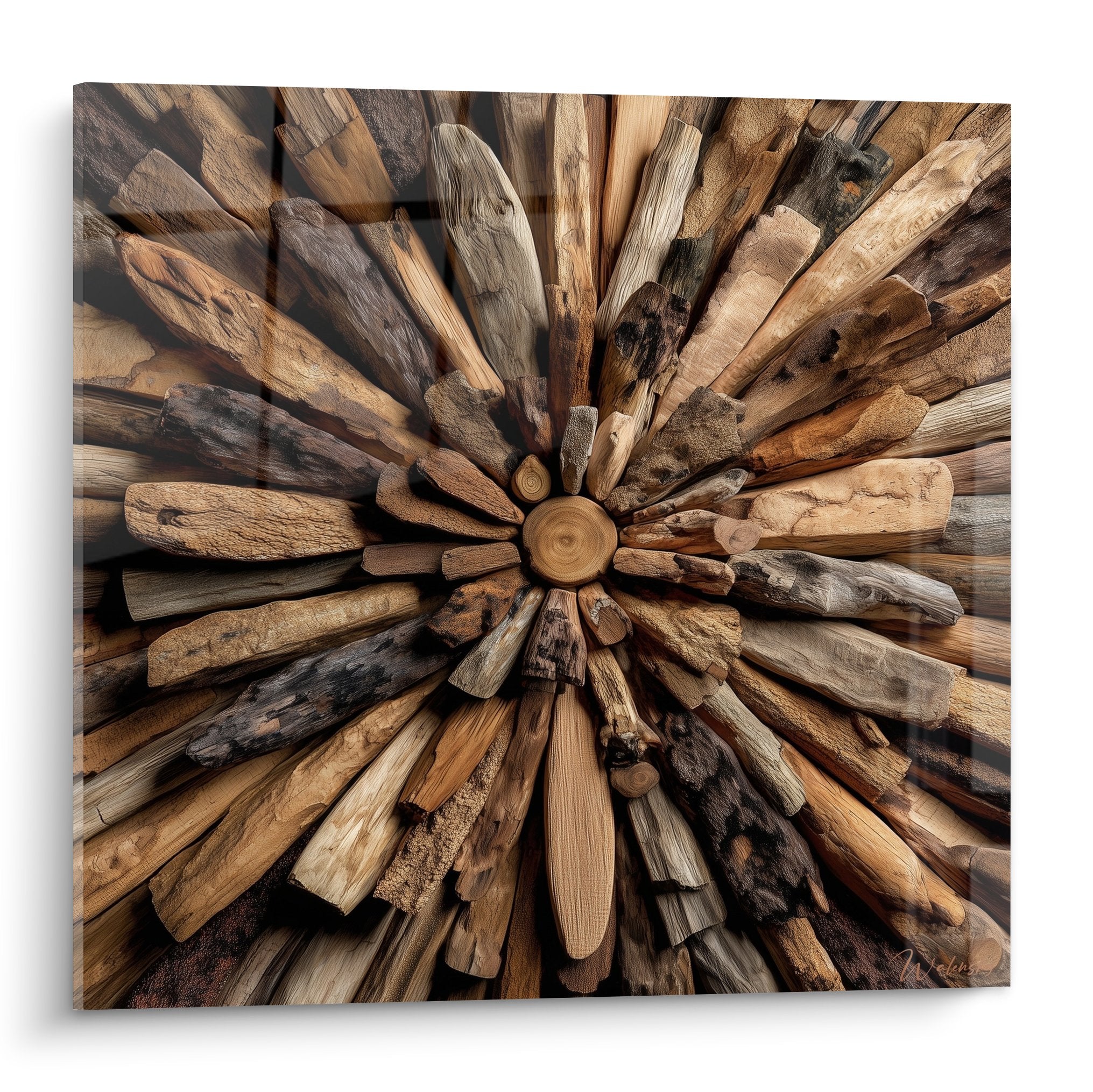 Wood wall art logs arranged in rosette pattern natural tones ochre brown feng shui east wall decor