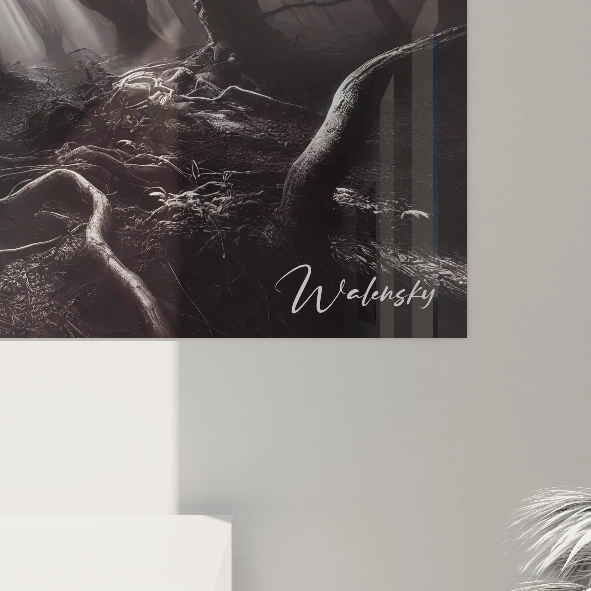 Détail en gros plan d'un tableau en verre acrylique noir et blanc - Angle inférieur droit - Œuvre d'art moderne de grande taille - Texture et finition de haute qualité - Collection de tableaux géants - Art contemporain.