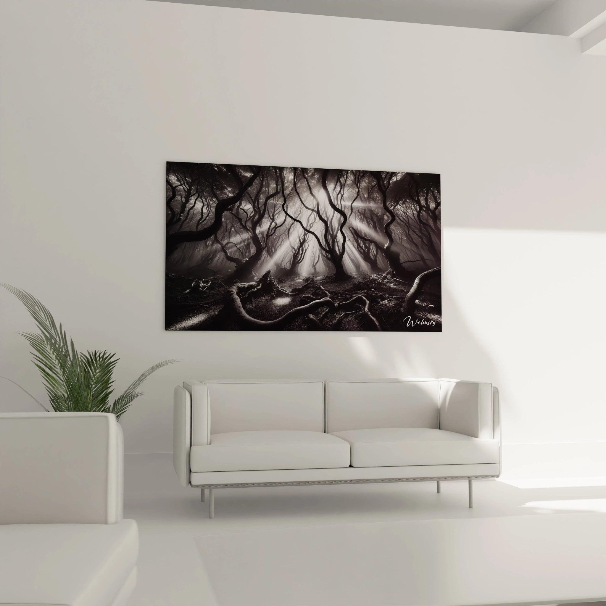 Tableau en verre acrylique noir et blanc de grande taille au-dessus d'un canapé - Décoration murale pour salon - Art contemporain et moderne - Collection géante d'œuvres d'art - Idée déco pour salon élégant.