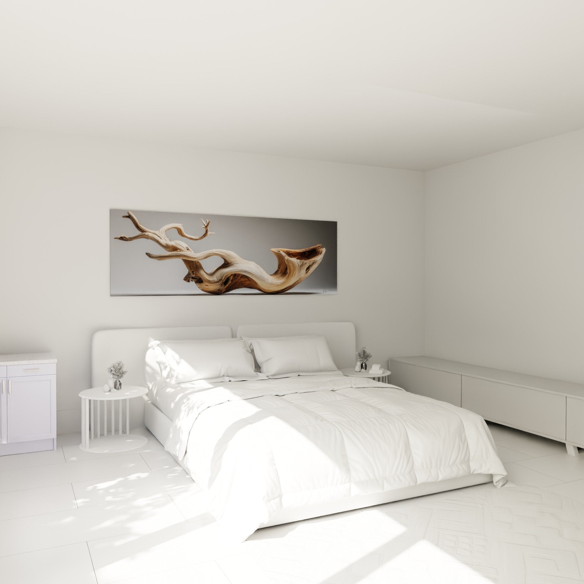Tableau sculpture bois organique installe dans chambre moderne avec mur gris et decoration zen naturelle