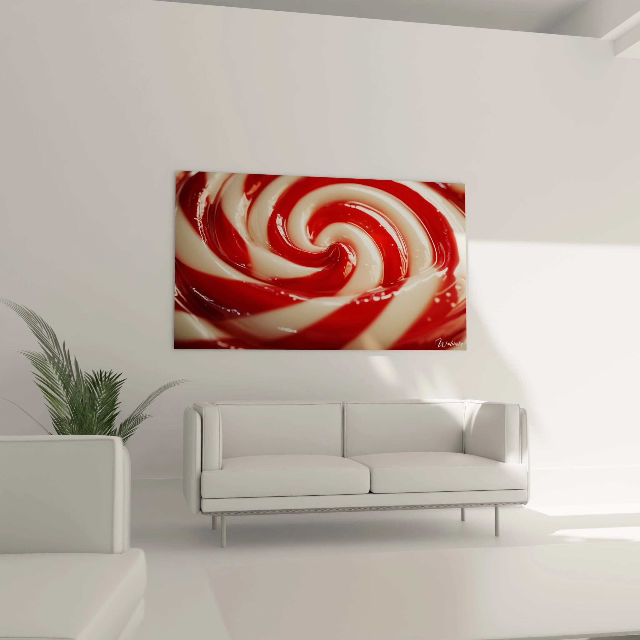 Un tableau bonbon illustrant un motif abstrait en spirale, aux couleurs rouges, blanches et beiges, avec une texture fluide et brillante évoquant une surface sucrée.