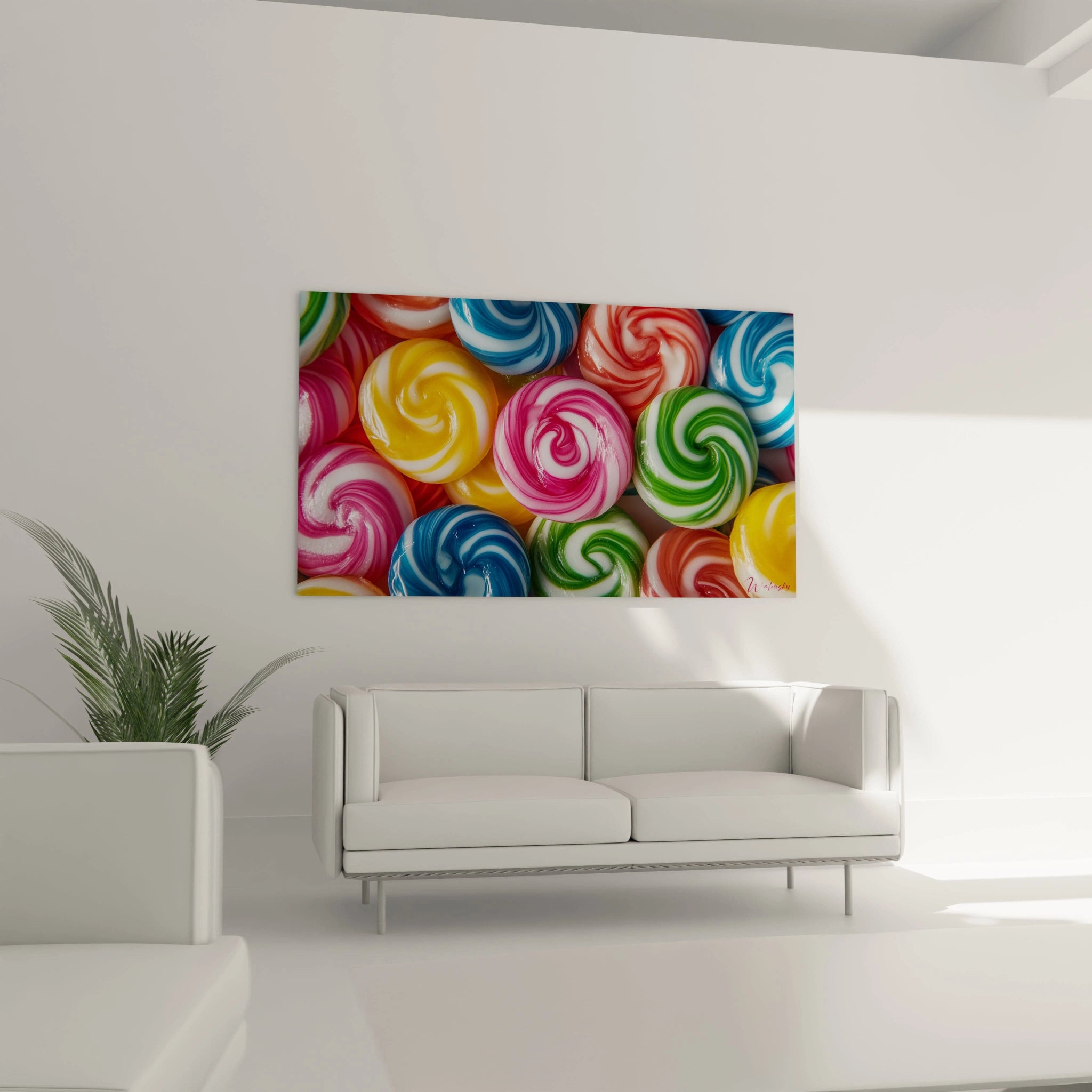 Un tableau bonbon montrant des spirales colorées en bleu, orange et rose sur un fond varié, avec un effet de translucidité et une texture lisse évoquant des reflets lumineux.