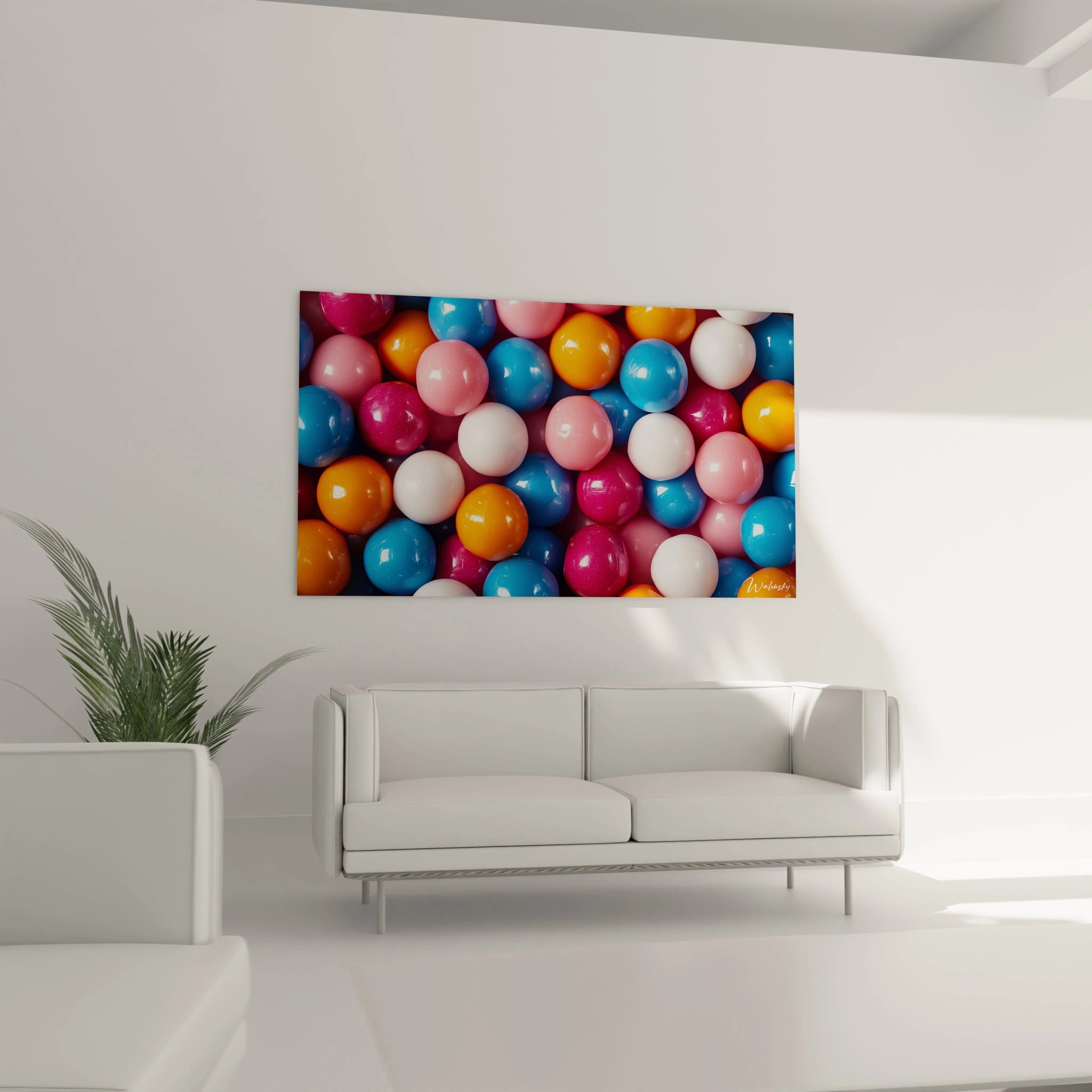 Un tableau bonbon mettant en scène diverses sphères aux tons rose, bleu, orange et blanc, présentant un fini lisse et un effet de brillance uniforme, sans fond apparent.