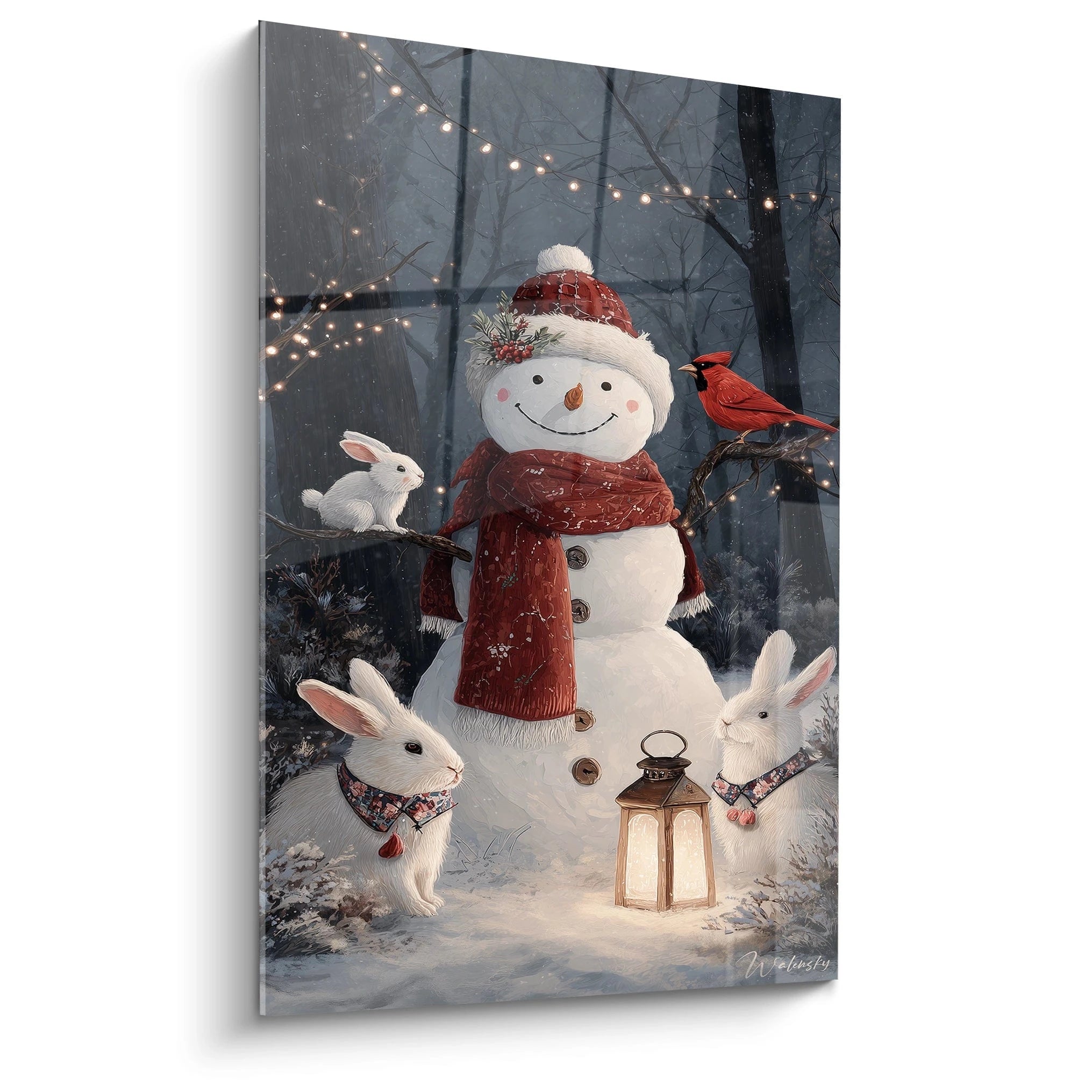 Tableau bonhomme de neige Noël avec un bonhomme de neige, des lapins et un cardinal dans un décor hivernal
