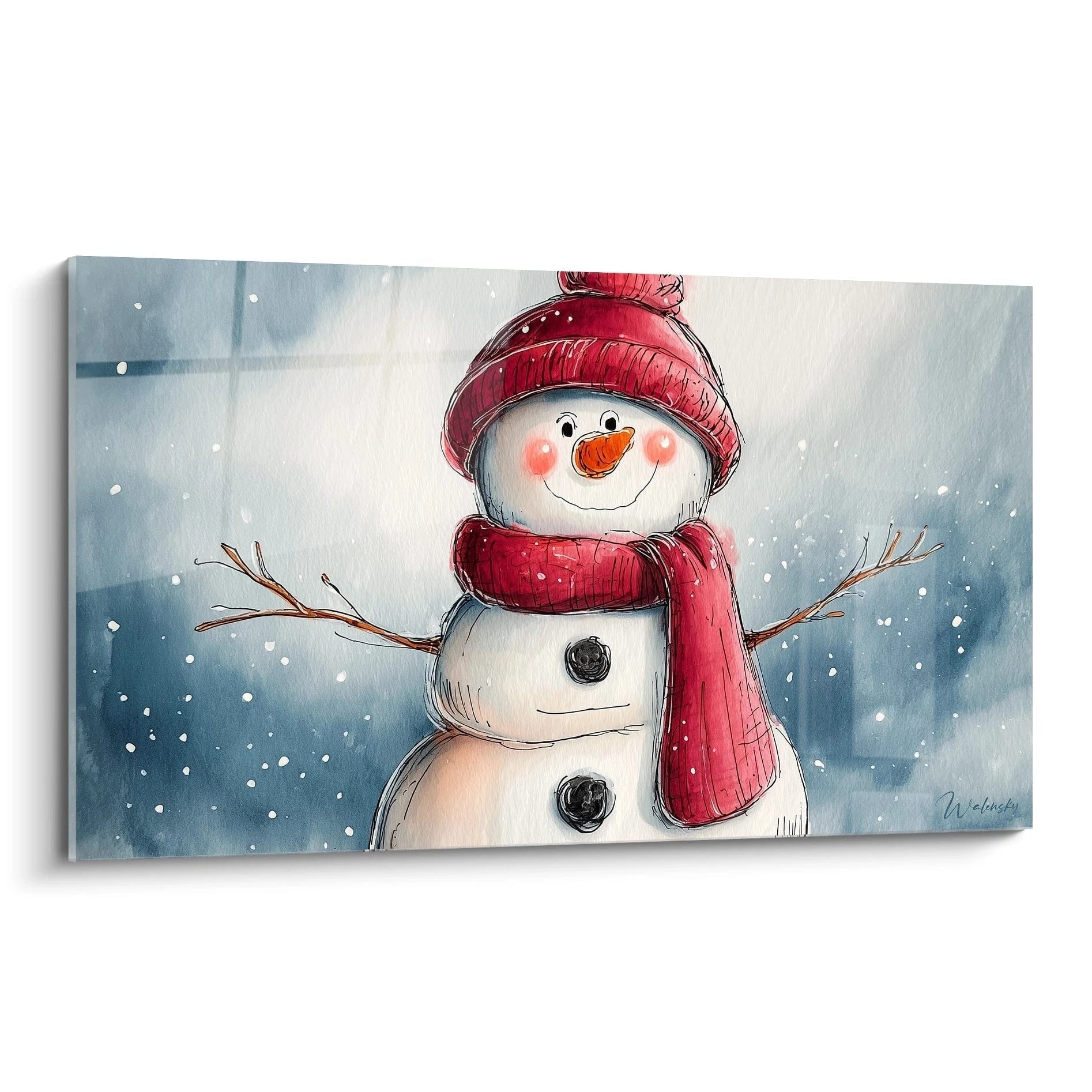Tableau bonhomme de neige Noel coloré avec un écharpe rouge et un sourire joyeux
