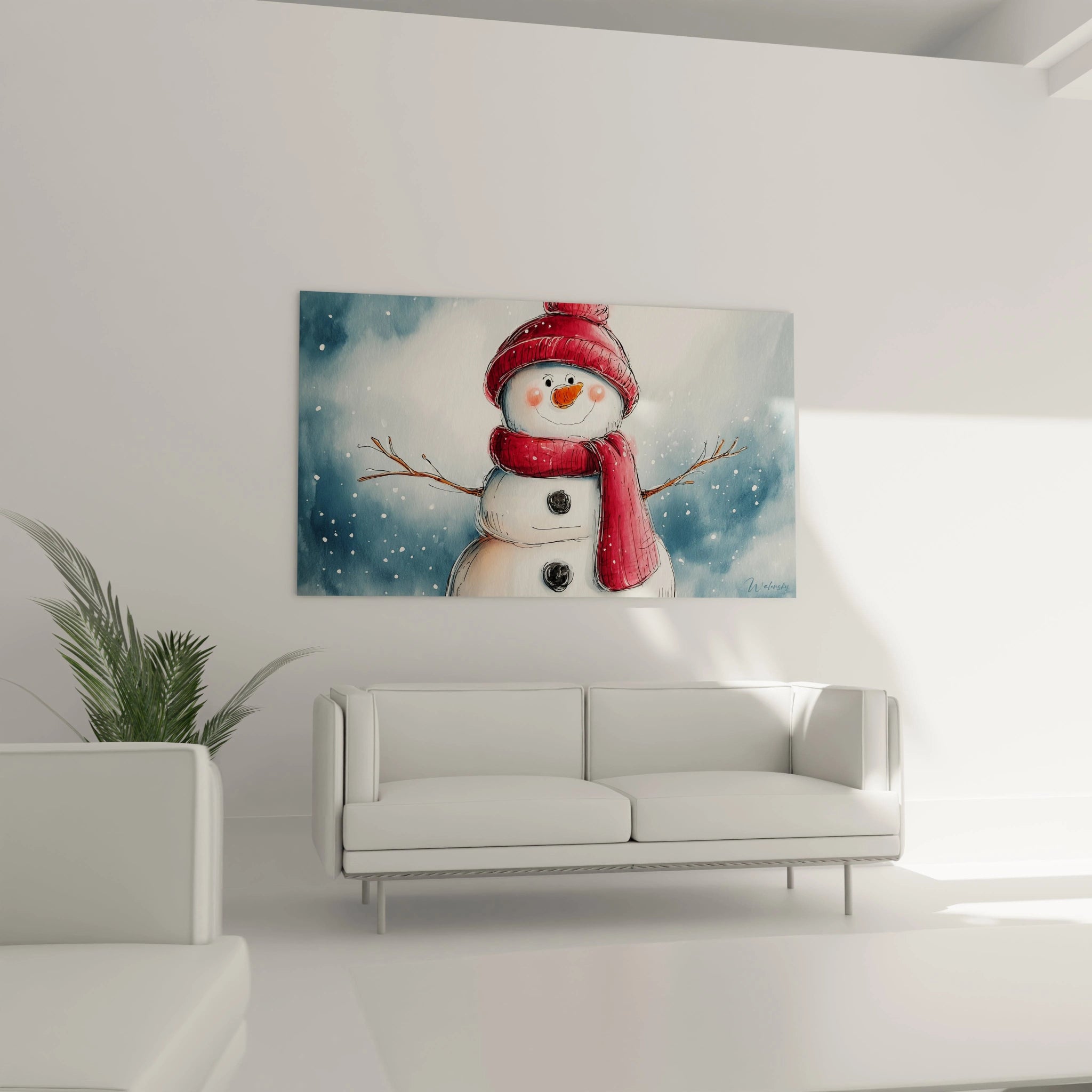 Tableau bonhomme de neige Noel avec un bonhomme de neige dans un décor hivernal et des couleurs vives