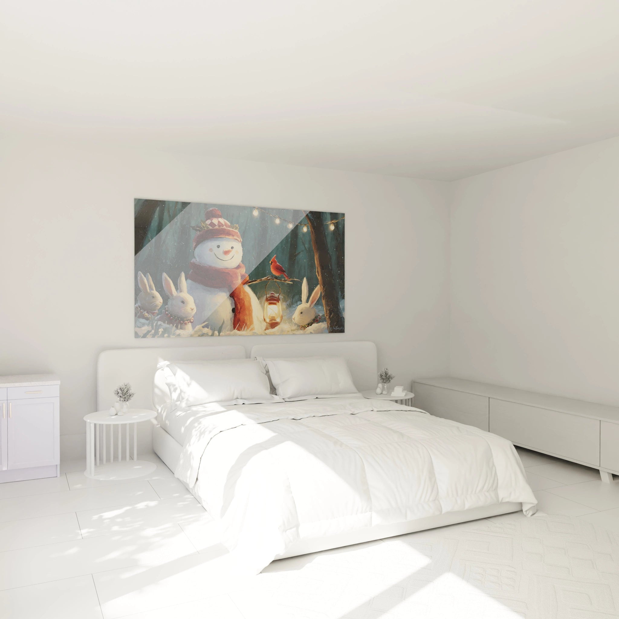 Tableau mural bonhomme de neige Noël dans une chambre lumineuse avec lit blanc et décor apaisant