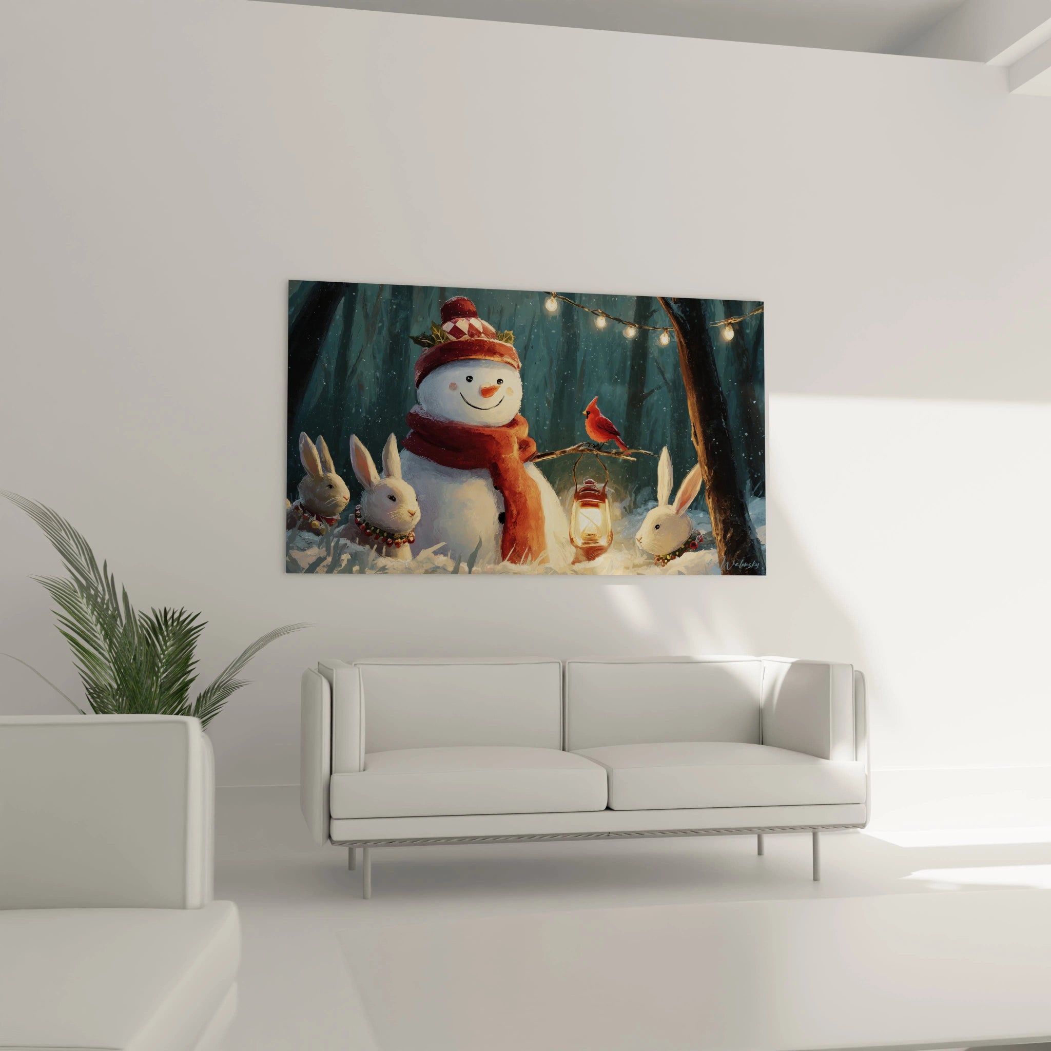 Tableau mural bonhomme de neige Noël avec des lapins dans un décor hivernal festif