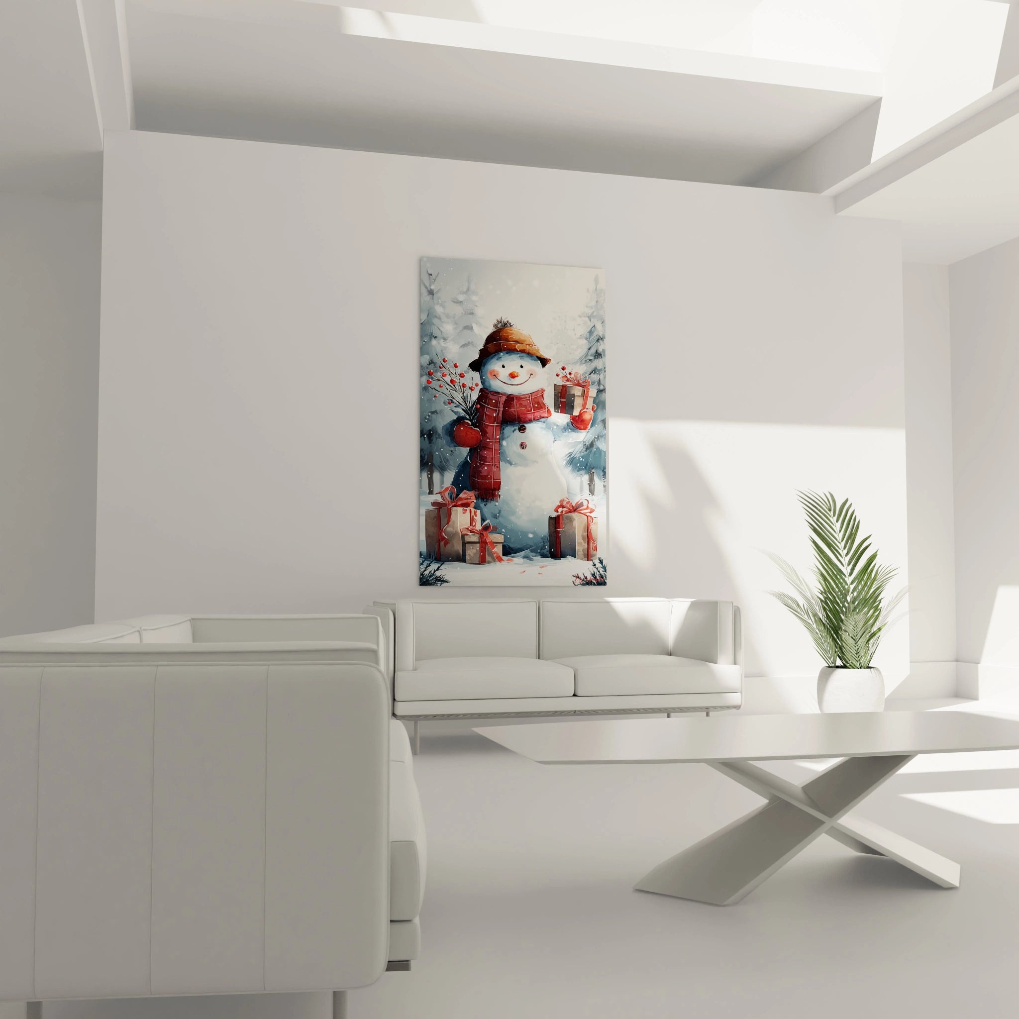 Tableau mural bonhomme de neige Noël décoratif avec des cadeaux, idéal pour la décoration hivernale