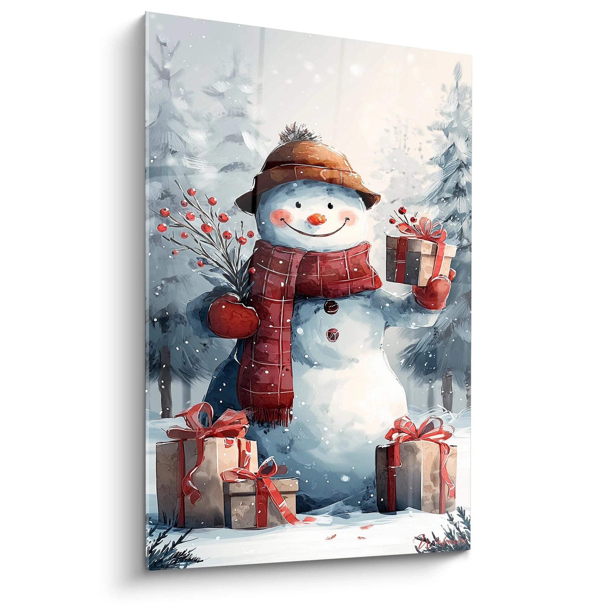 Tableau mural bonhomme de neige Noël avec un bonhomme de neige souriant et des cadeaux colorés