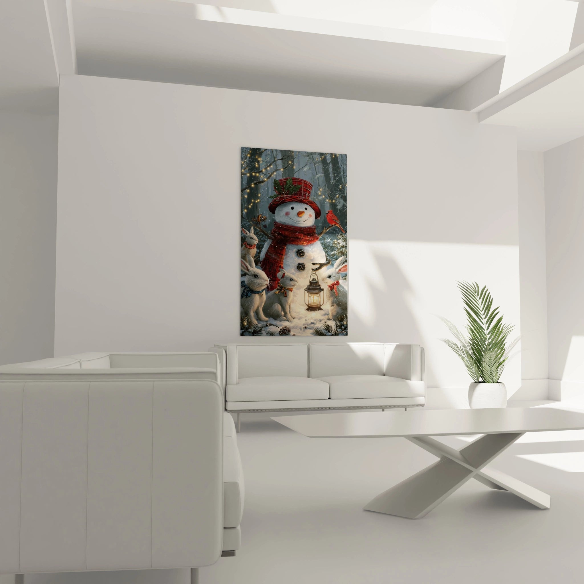 Tableau bonhomme de neige Noël de Walensky, décor vivant avec animaux dans un intérieur moderne