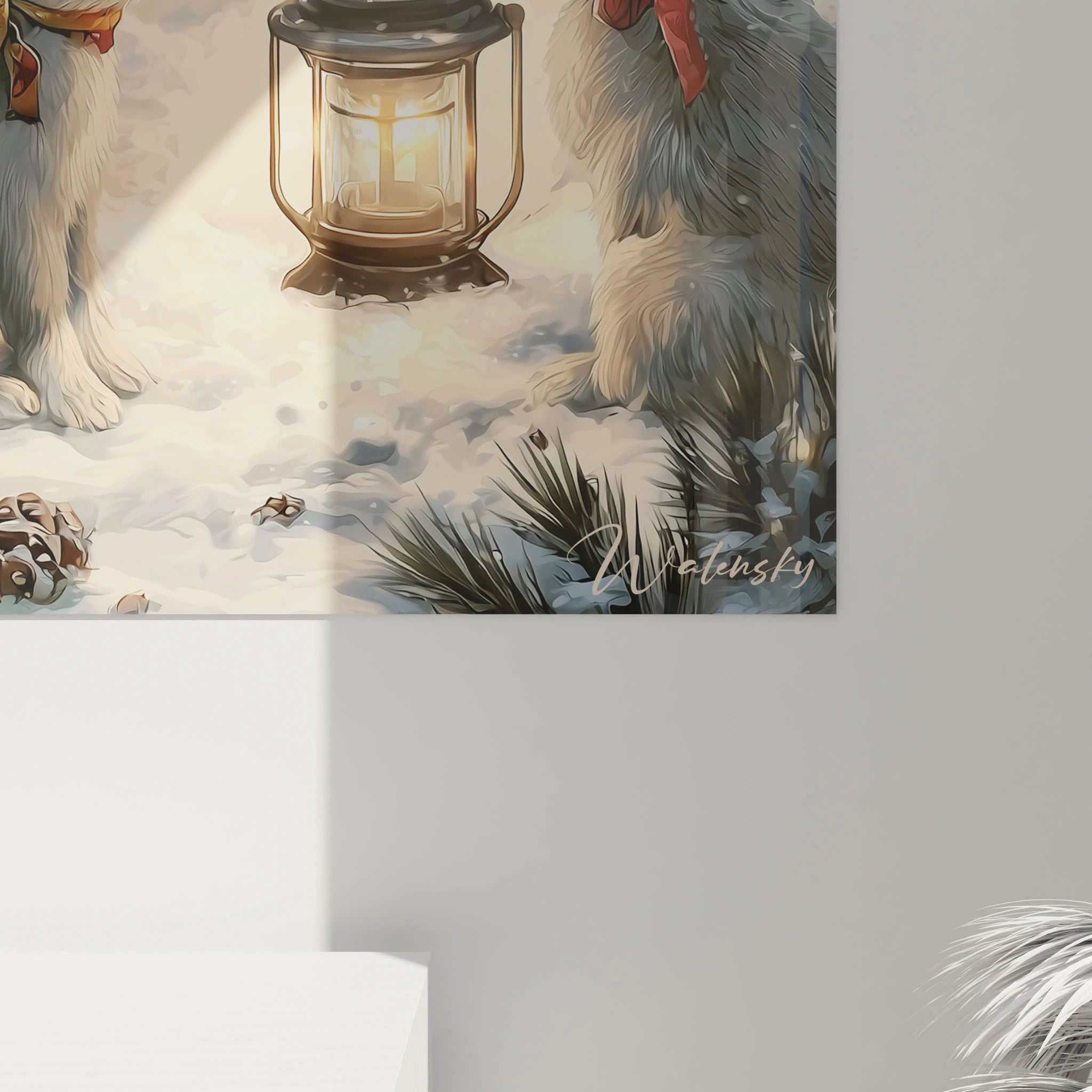 Tableau bonhomme de neige Noël avec lanterne dans un paysage enneigé, par Walensky.