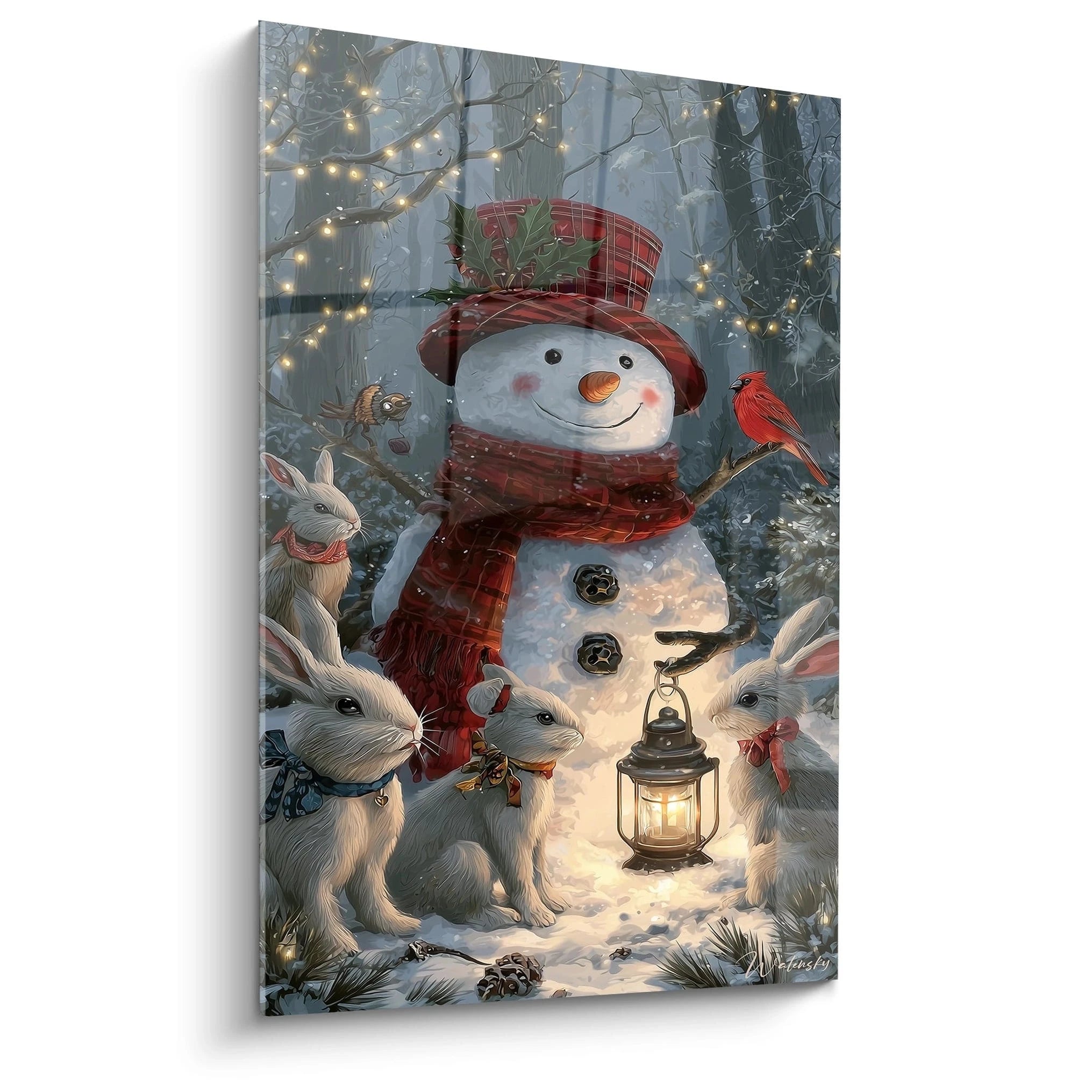 Tableau bonhomme de neige Noël avec un bonhomme de neige entouré de lapins et d'une lanterne
