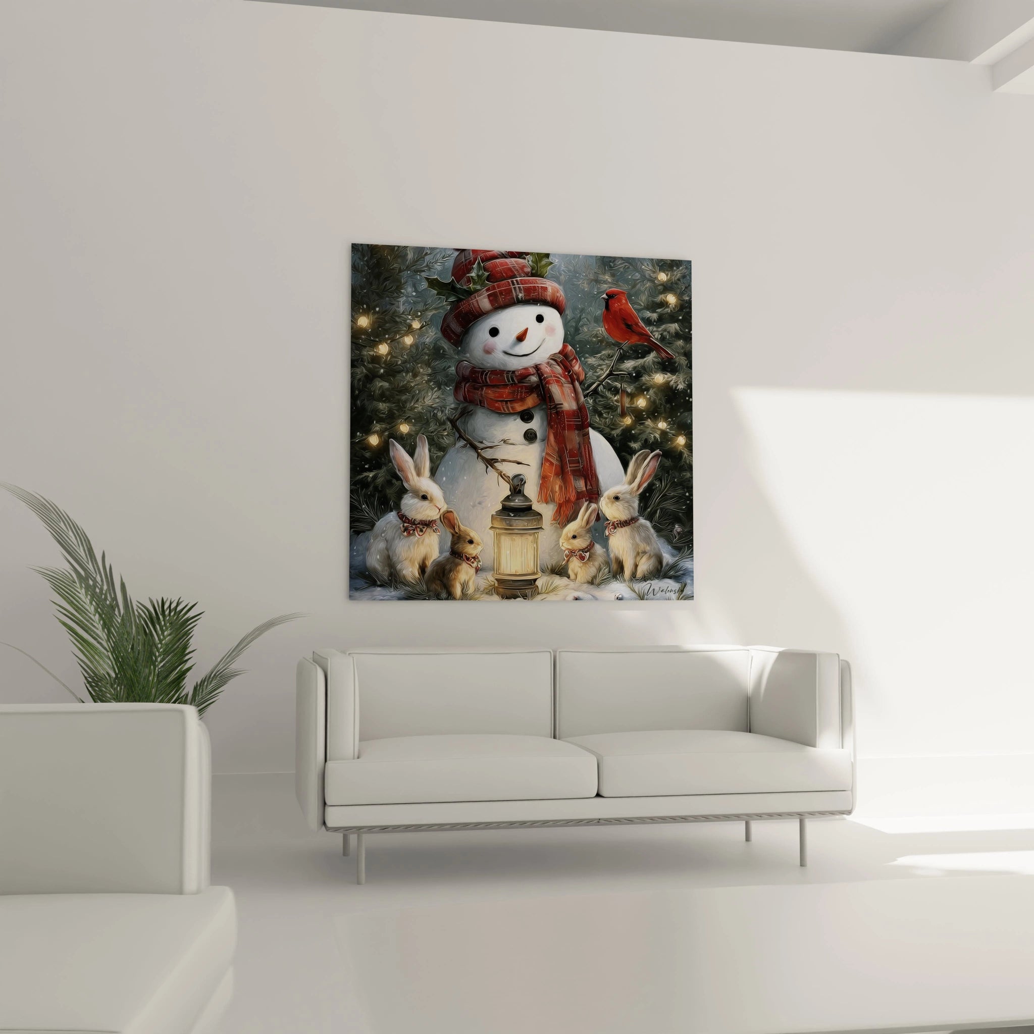 Tableau bonhomme de neige Noël avec un bonhomme de neige, des lapins et une lanterne décorative