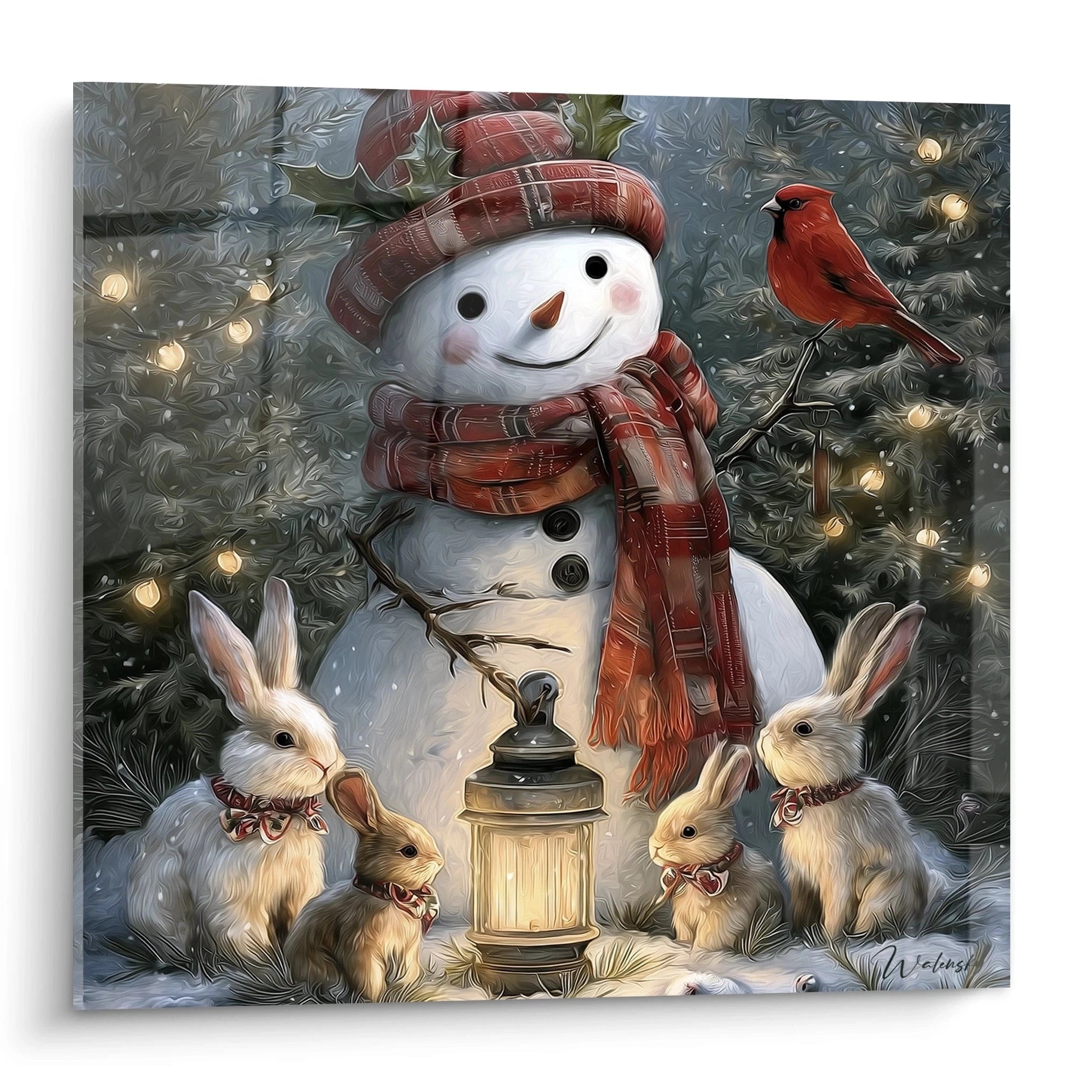 Tableau bonhomme de neige Noël avec des lapins et un cardinal au milieu de lumières festives