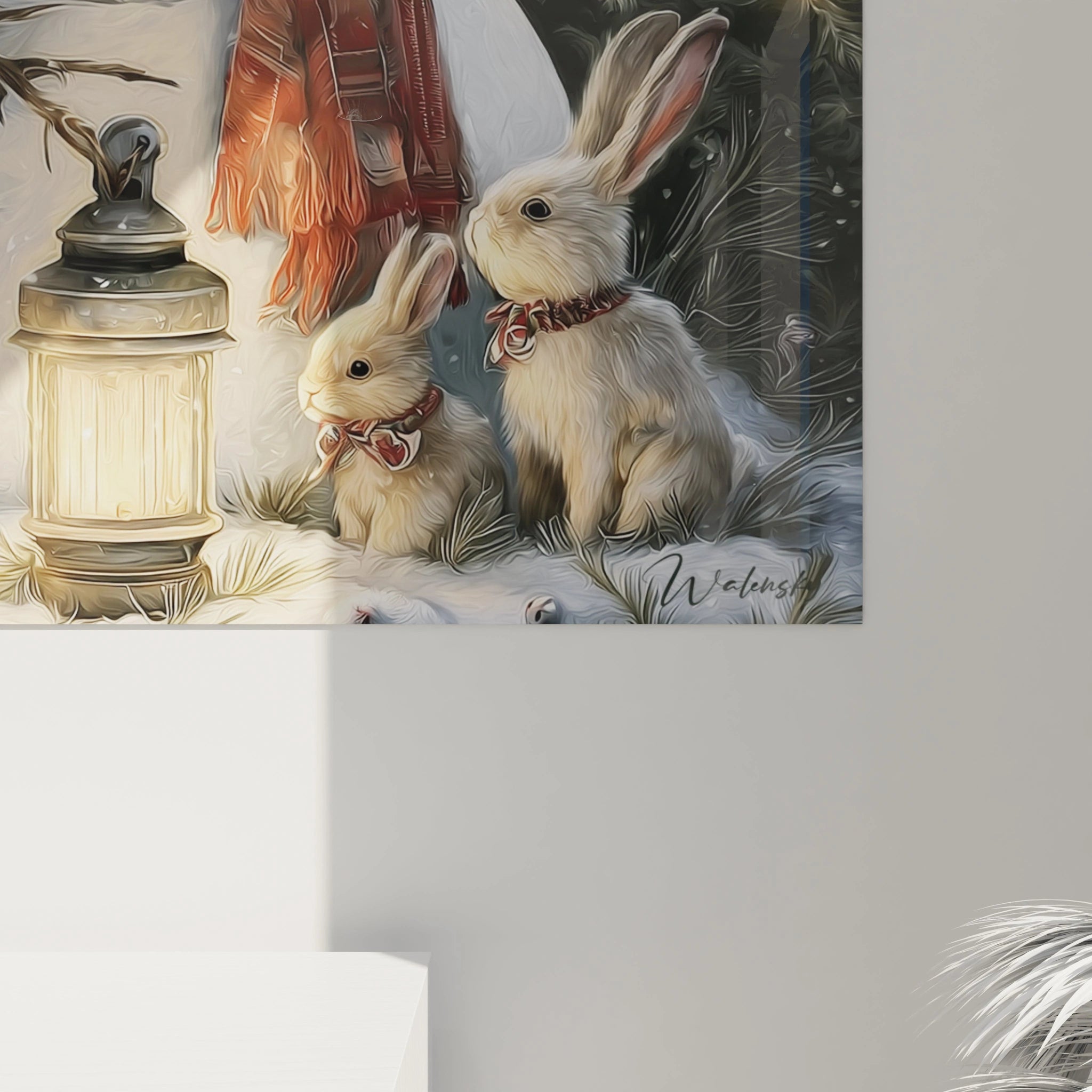 Tableau bonhomme de neige Noël avec des lapins et une lanterne, décor parfait pour les fêtes