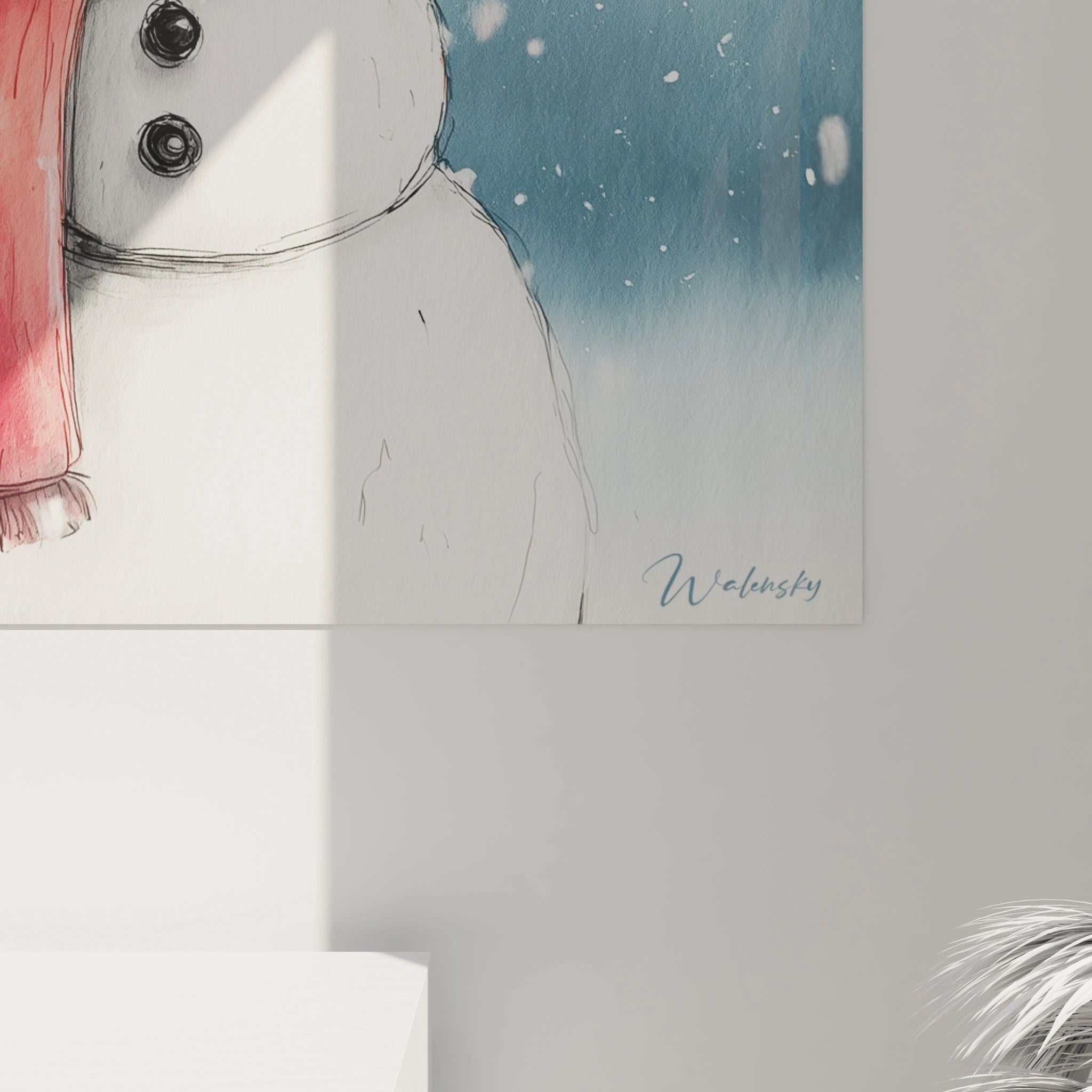 Tableau bonhomme de neige Noël de Walensky avec une écharpe rouge sur fond bleu
