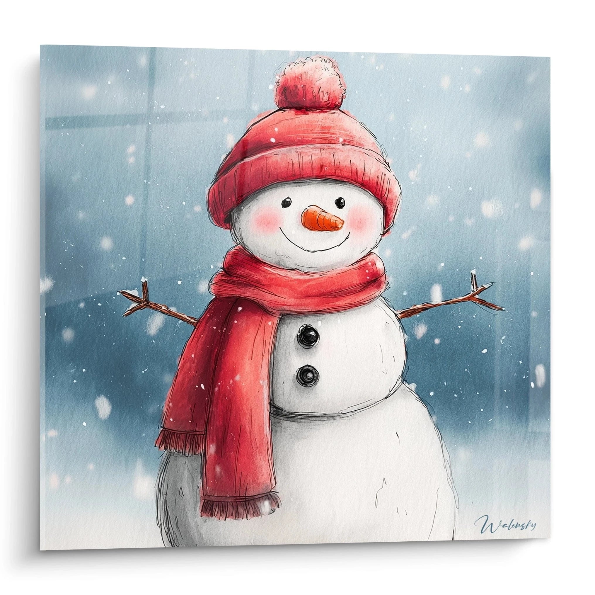 Tableau bonhomme de neige Noël avec un bonnet rouge et une écharpe sur fond enneigé