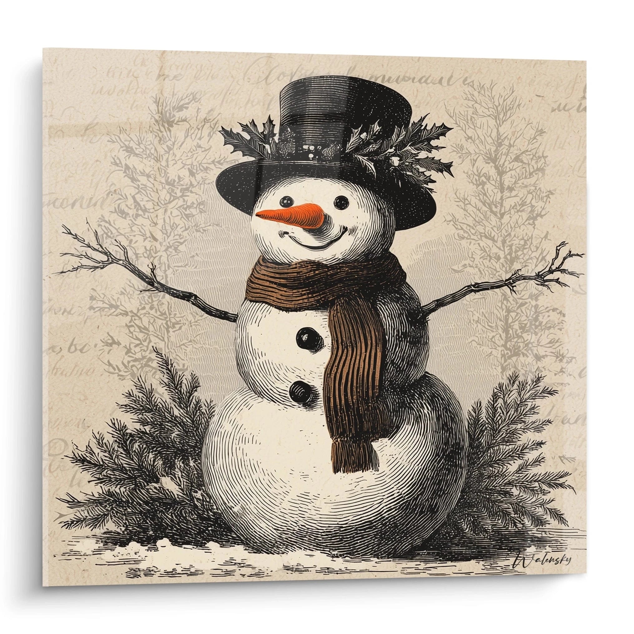 Tableau mural bonhomme de neige Noël avec chapeau noir et écharpe marron pour décoration festive
