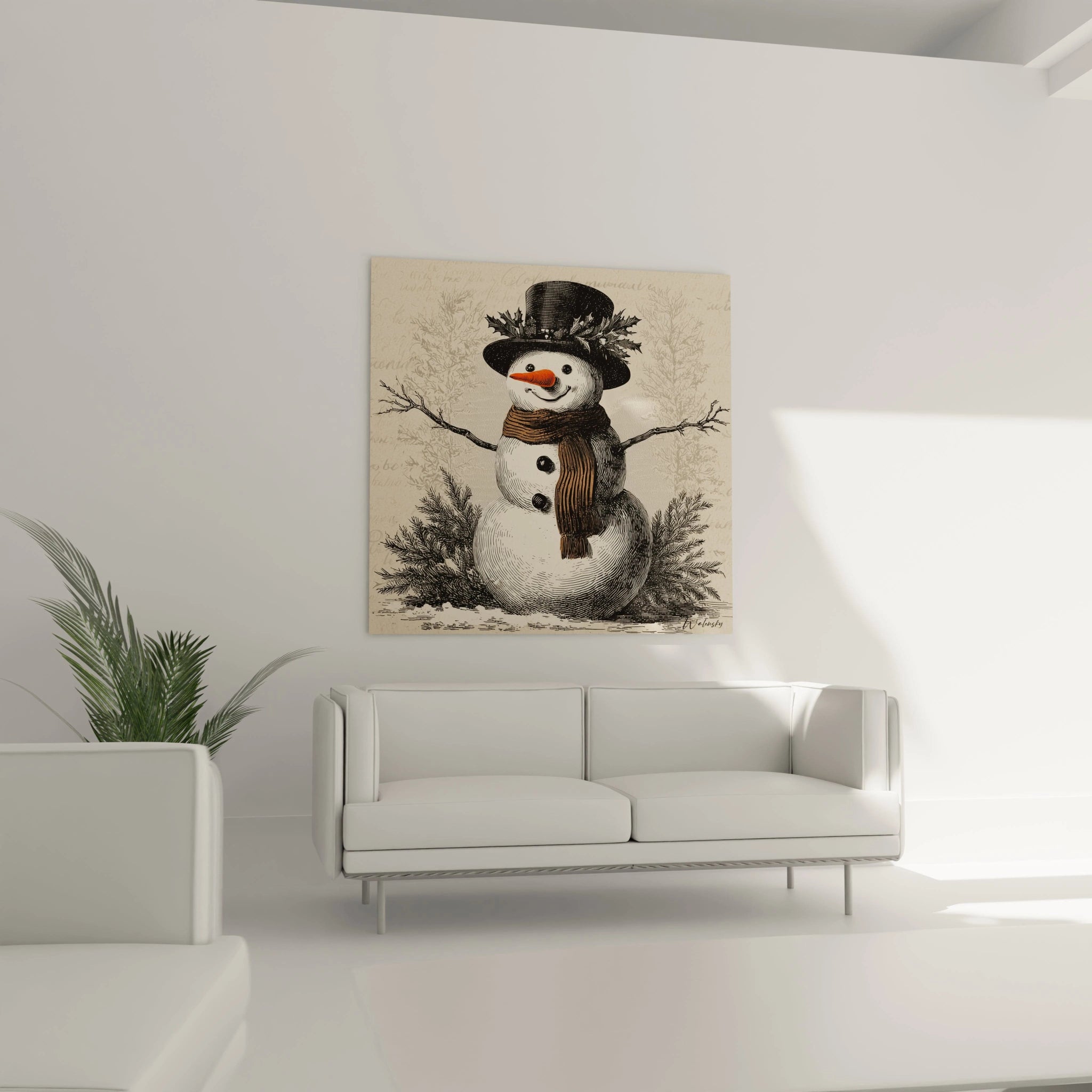 Tableau bonhomme de neige Noël décoratif sur un mur moderne avec un canapé blanc