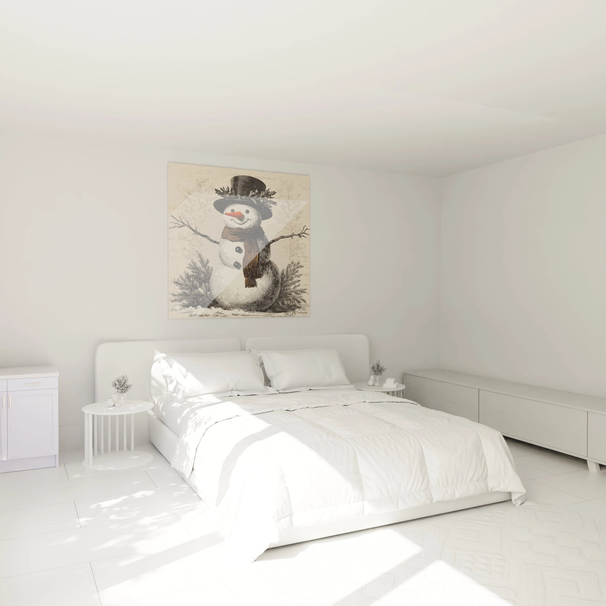 Tableau bonhomme de neige Noël décoratif sur un mur dans une chambre lumineuse
