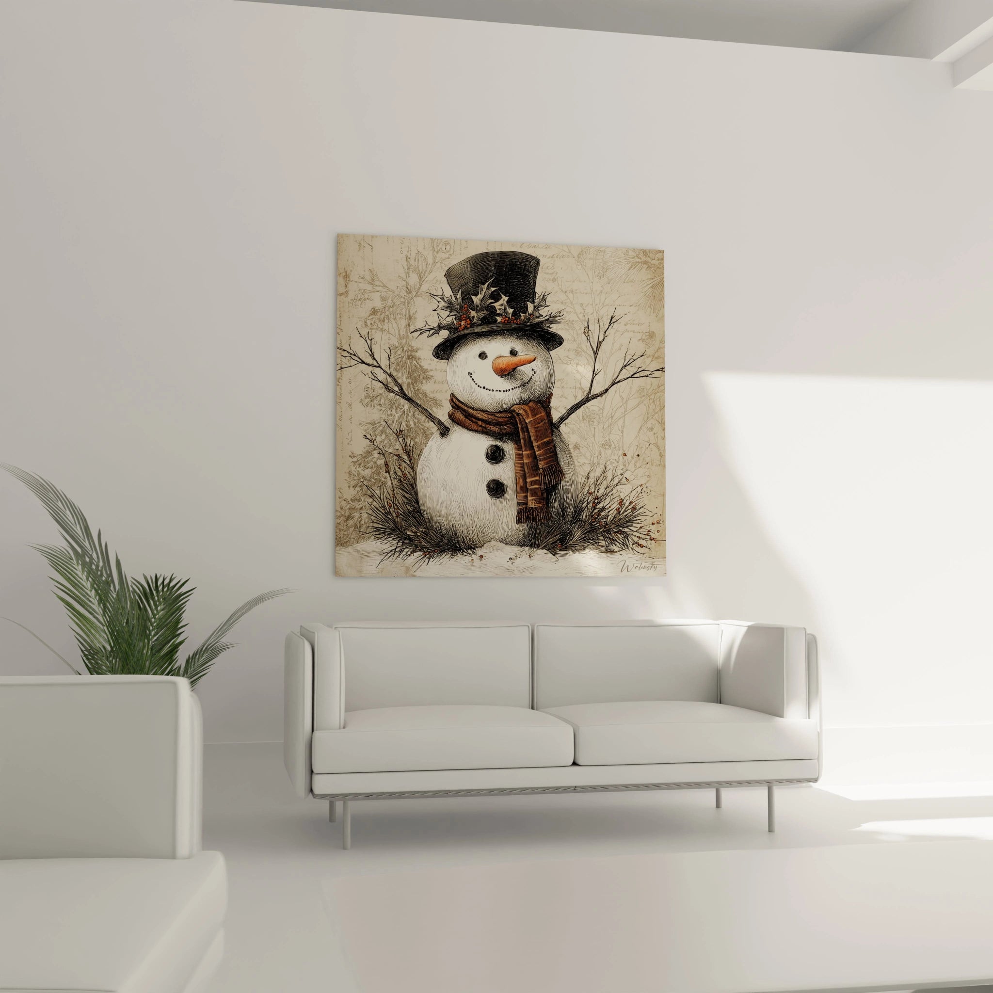 Tableau bonhomme de neige Noël accroché au mur dans un salon moderne et lumineux