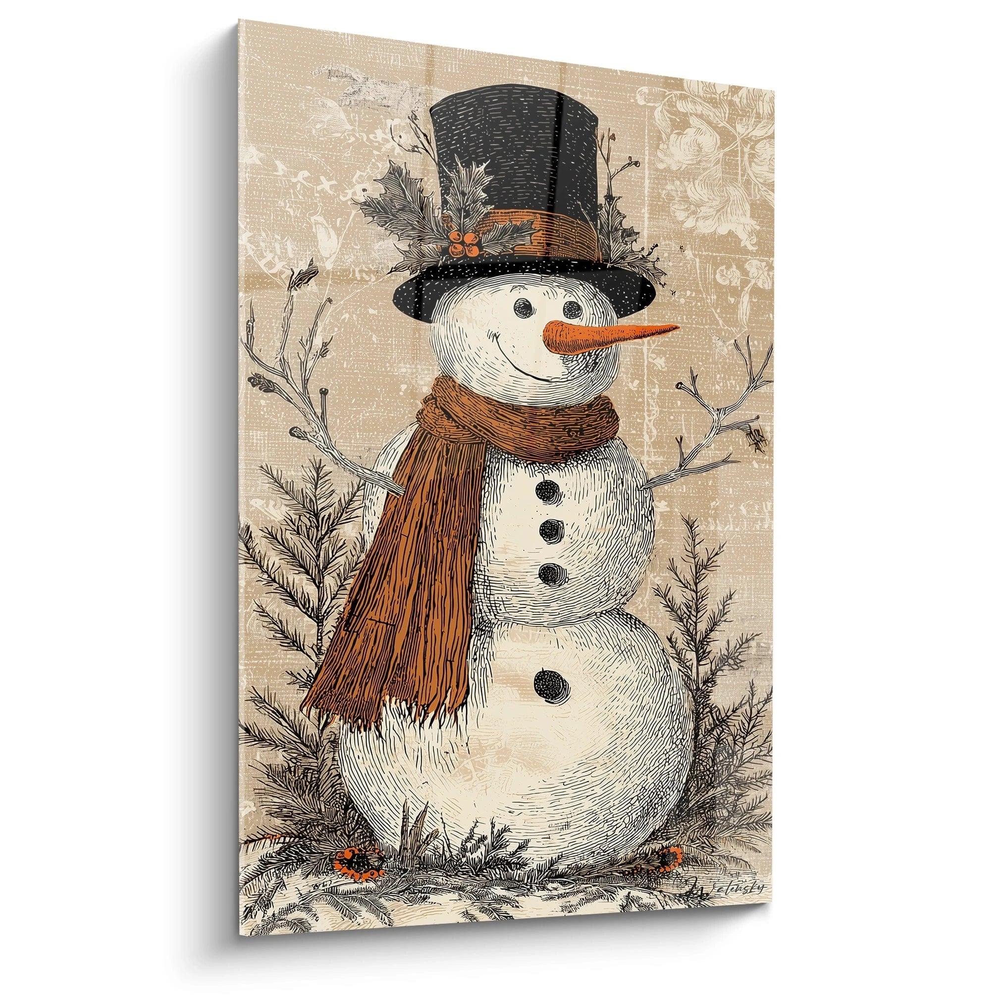 Tableau mural bonhomme de neige orange et noir avec chapeau haut de forme et écharpe en laine