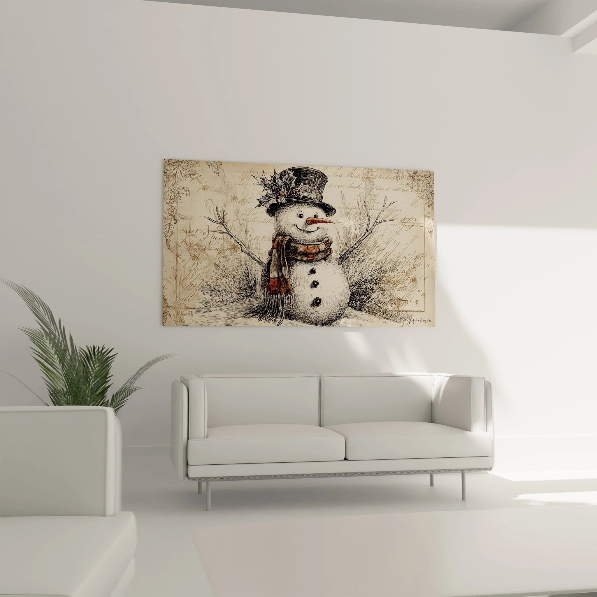 Tableau mural bonhomme de neige Noël avec un chapeau haut de forme et une écharpe dans un décor hivernal