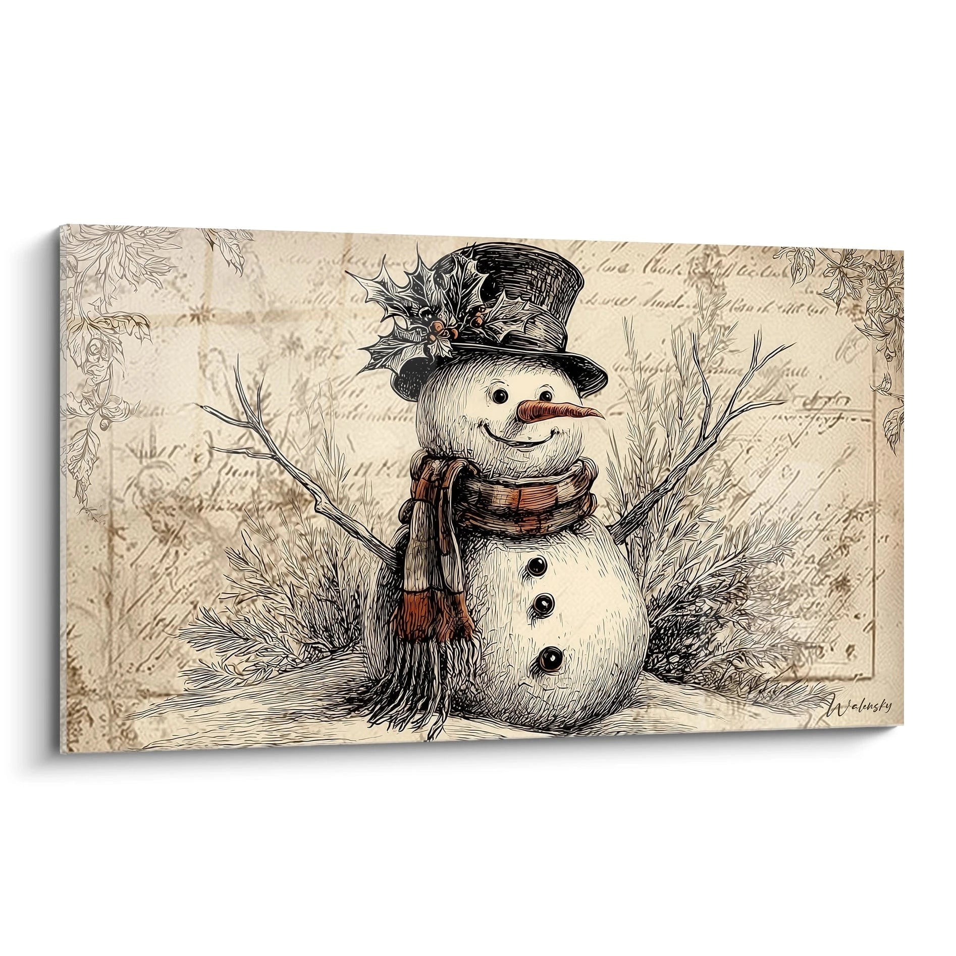Tableau bonhomme de neige Noël avec un chapeau et une écharpe, décor idéal pour les fêtes