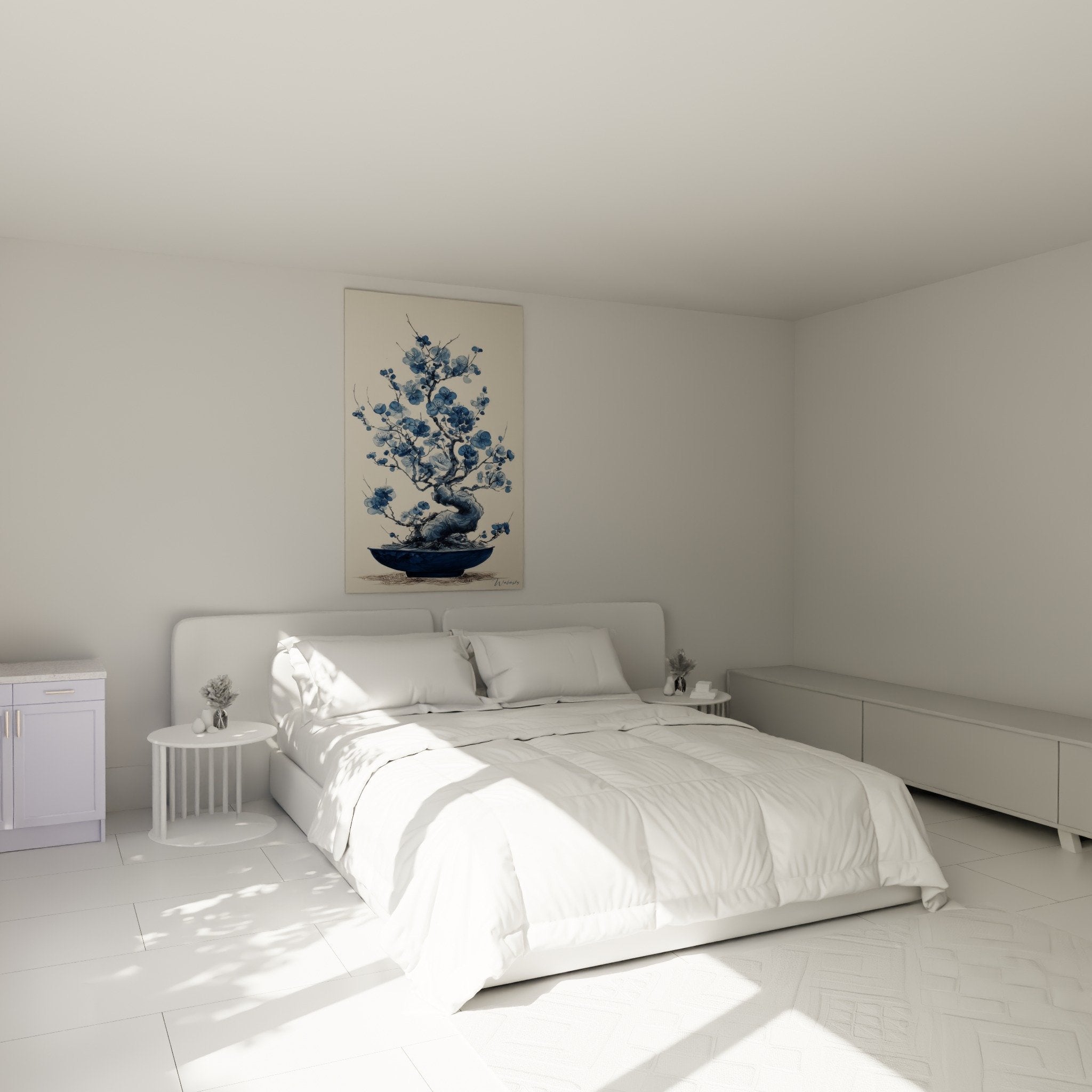 Blue Japanese bonsai art print in modern bedroom zen wall decor ikebana
