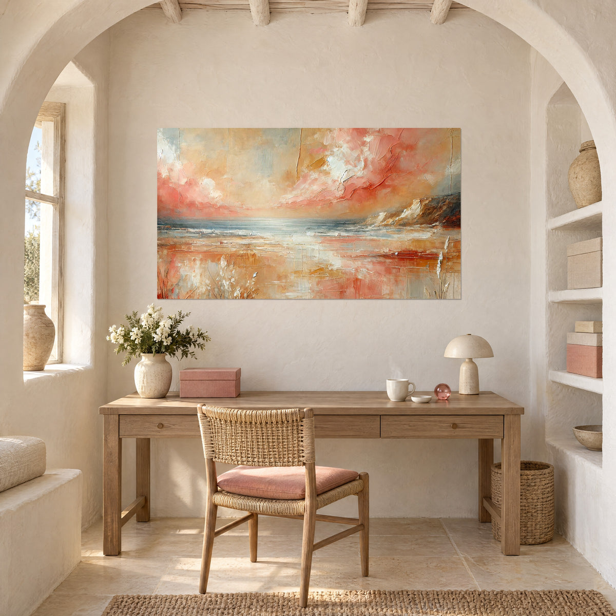 Quadro costa nebbiosa con nuvole albicocca e turchese pallido, riflessi dorati sulla sabbia bagnata, sopra una scrivania in legno chiaro