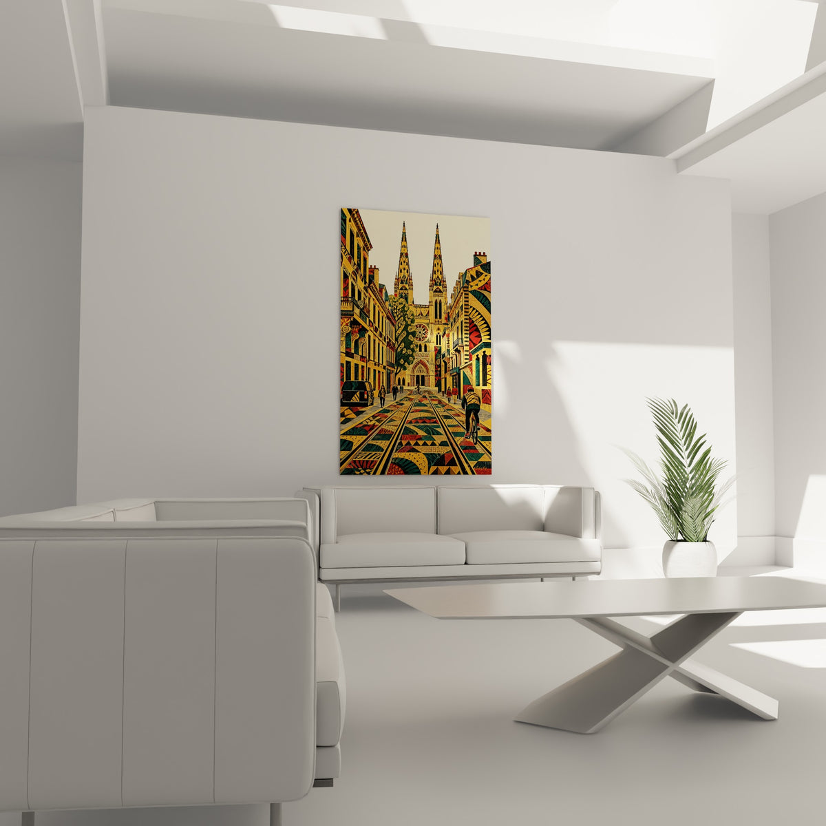 Ruelle stylisée aux teintes ocre et vert sauge avec cathédrale au-dessus d'un canapé dans un salon lumineux