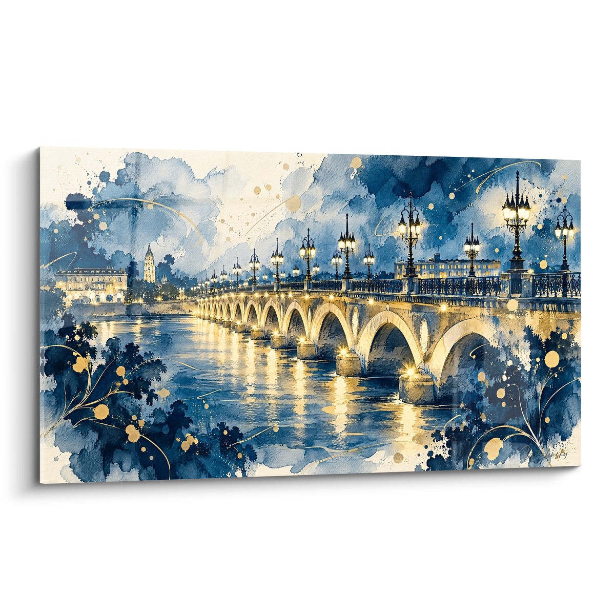 Pont de pierre bordelais aux arches dorées, ciel bleu marine et or en aquarelle nocturne