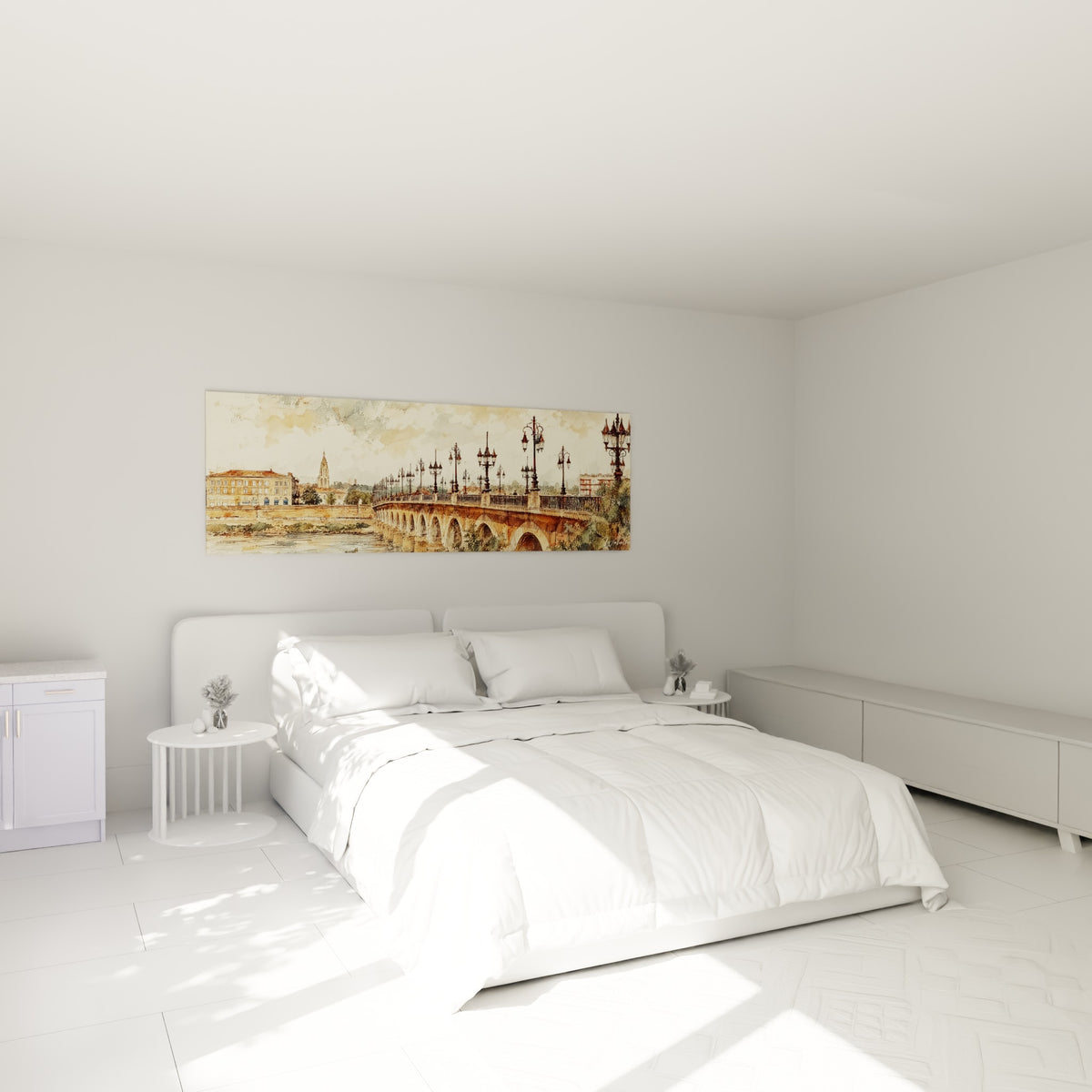 Arches dorées et berges vertes du pont de Bordeaux, au-dessus d'un lit dans une chambre claire