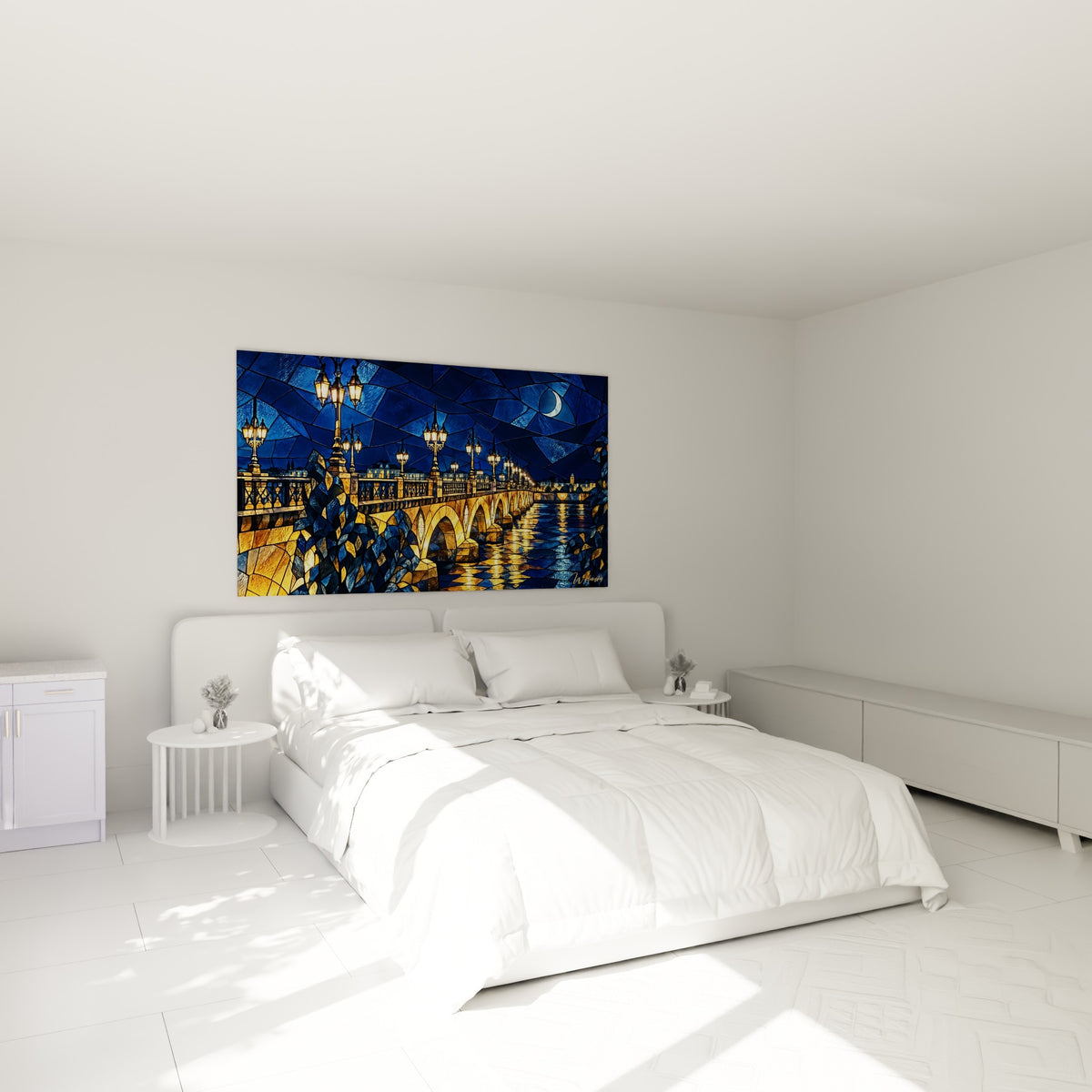 Lanternes dorées illuminant le pont de Bordeaux en bleu nuit, au-dessus d'un lit dans une chambre claire
